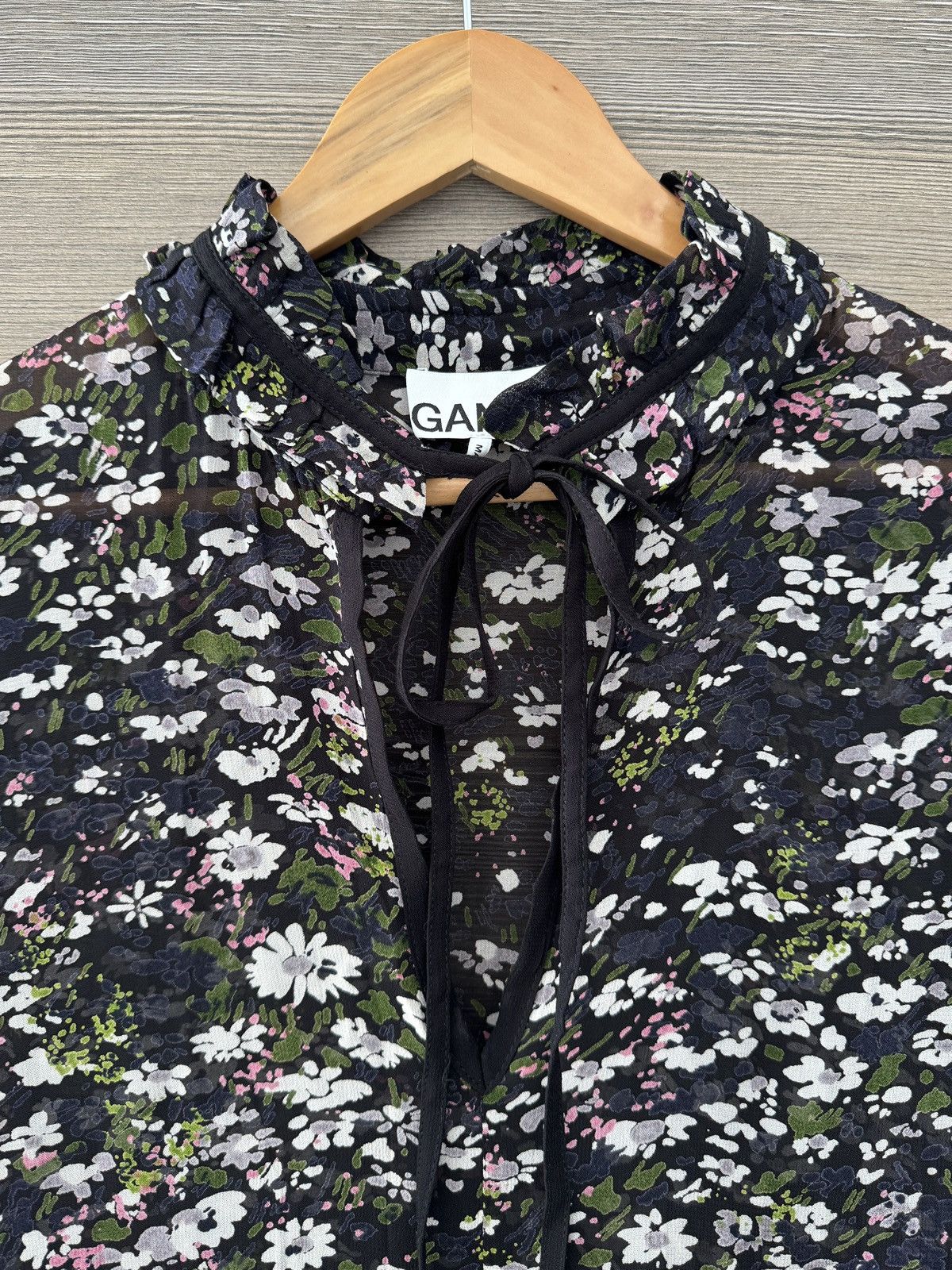 Designer × Ganni Ganni Bow Neck Floral Print Georgette Mini Dress Size XS / US 0-2 / IT 36-38 - 4 Thumbnail