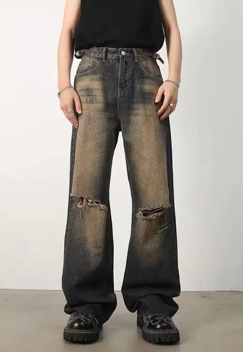 image of Retro Distressed Nostalgic Rust Raw Edge Ripped Jeans in Rusty Earth Color, Men's (Size 32)