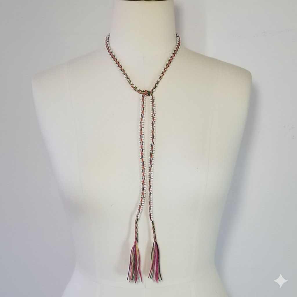 Handmade Lariat 40" Necklace Bracelet Rainbow Woven White Beaded Size ONE SIZE - 5 Thumbnail