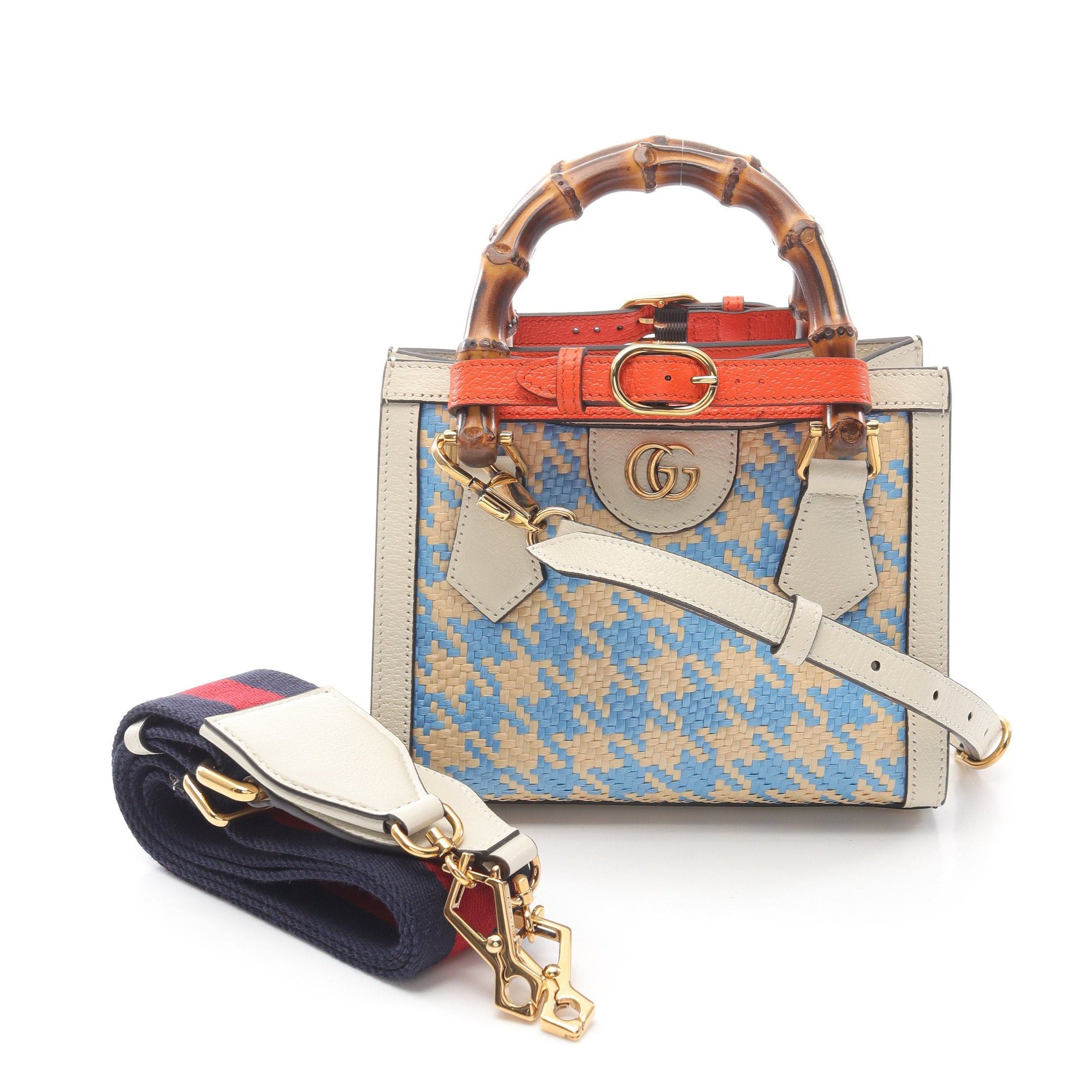 Gucci Diana Mini Bamboo Handbag Tote Bag Raffia Leather Off White Ivory Light Blue