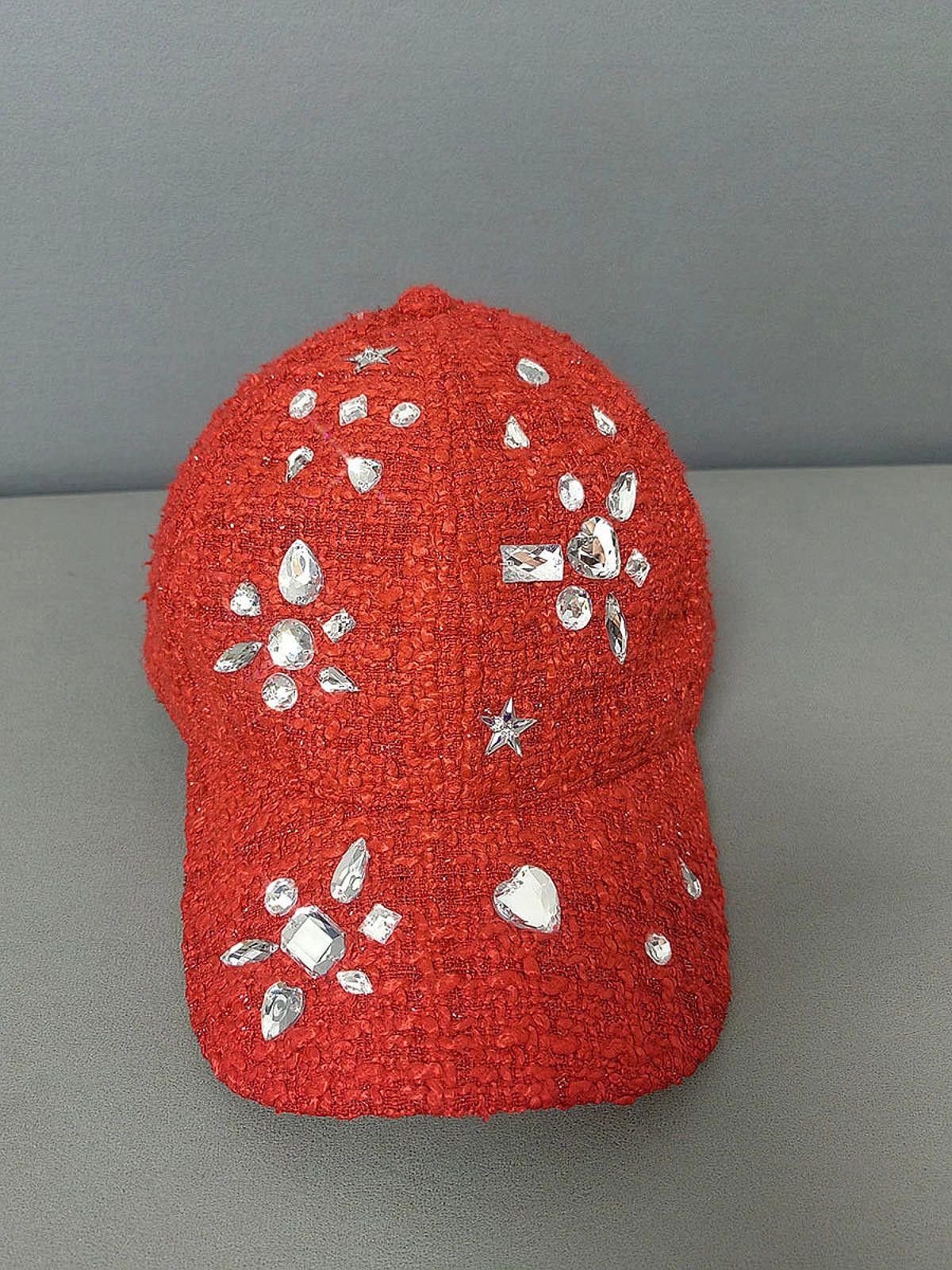 Other Red Embellished Rhinestone Tweed Baseball Cap Size ONE SIZE - 6 Thumbnail