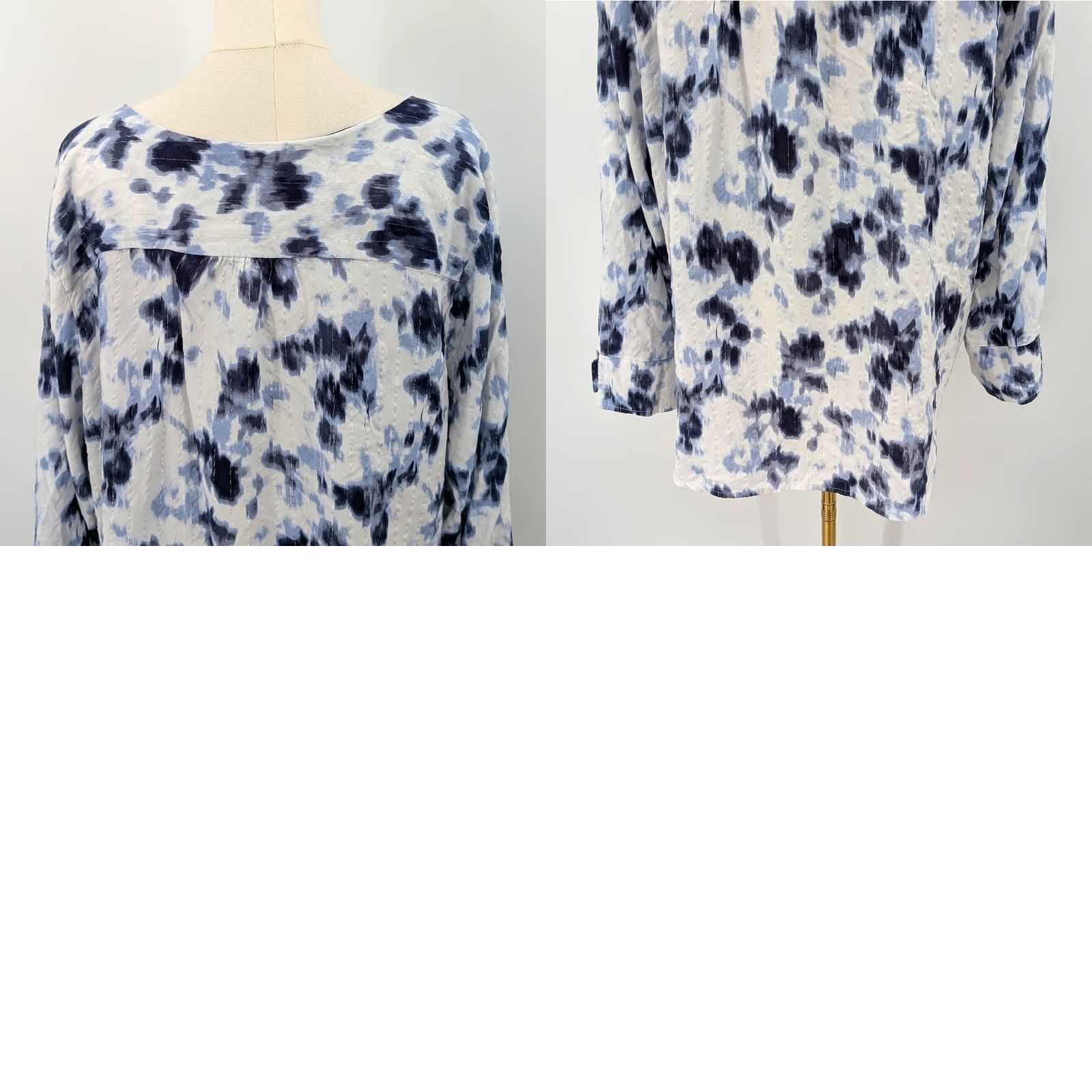 FRED Fred David Blue Floral Rayon Tunic Blouse 2X White Spring Silver Metallic Size XXL / US 16-18 / IT 52-54 - 8 Thumbnail