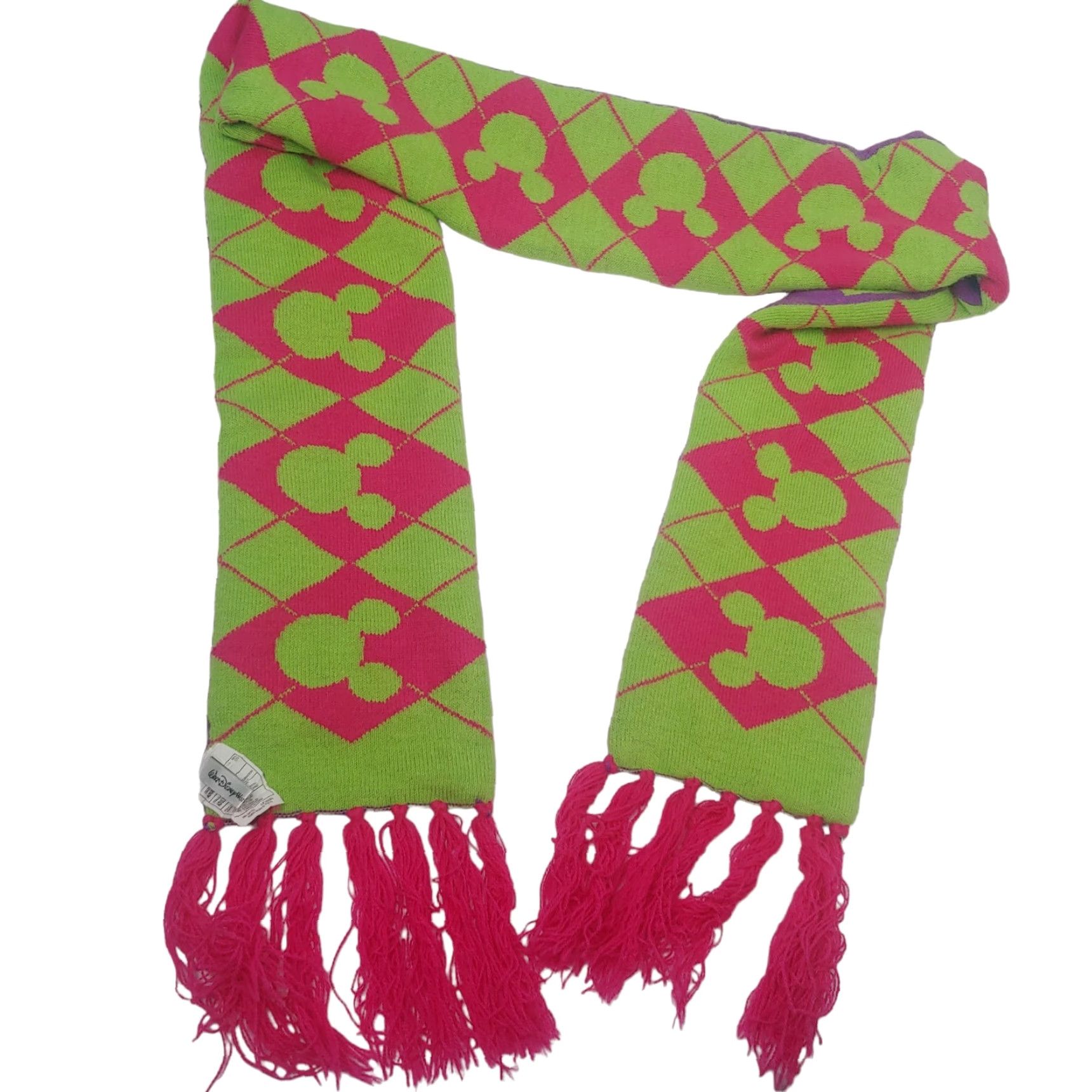 Disney Walt Disney Parks I Love Mickey Scarf Reversible Argyle Diamond Knit 78" Womens Winter Fringe Multicolor Size ONE SIZE - 2 Thumbnail