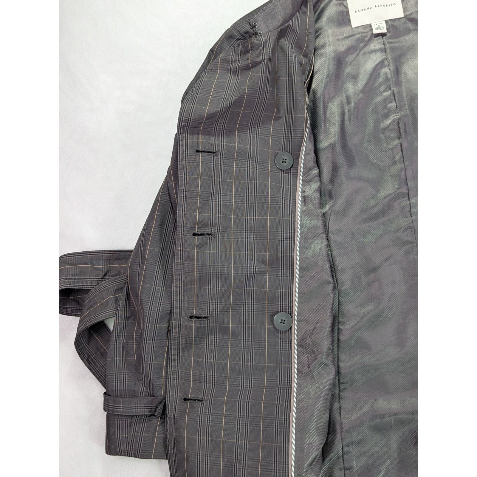 Banana Republic Trench Coat S Petite Gray Plaid Check Double Breasted Belted Size S / US 4 / IT 40 - 12 Thumbnail