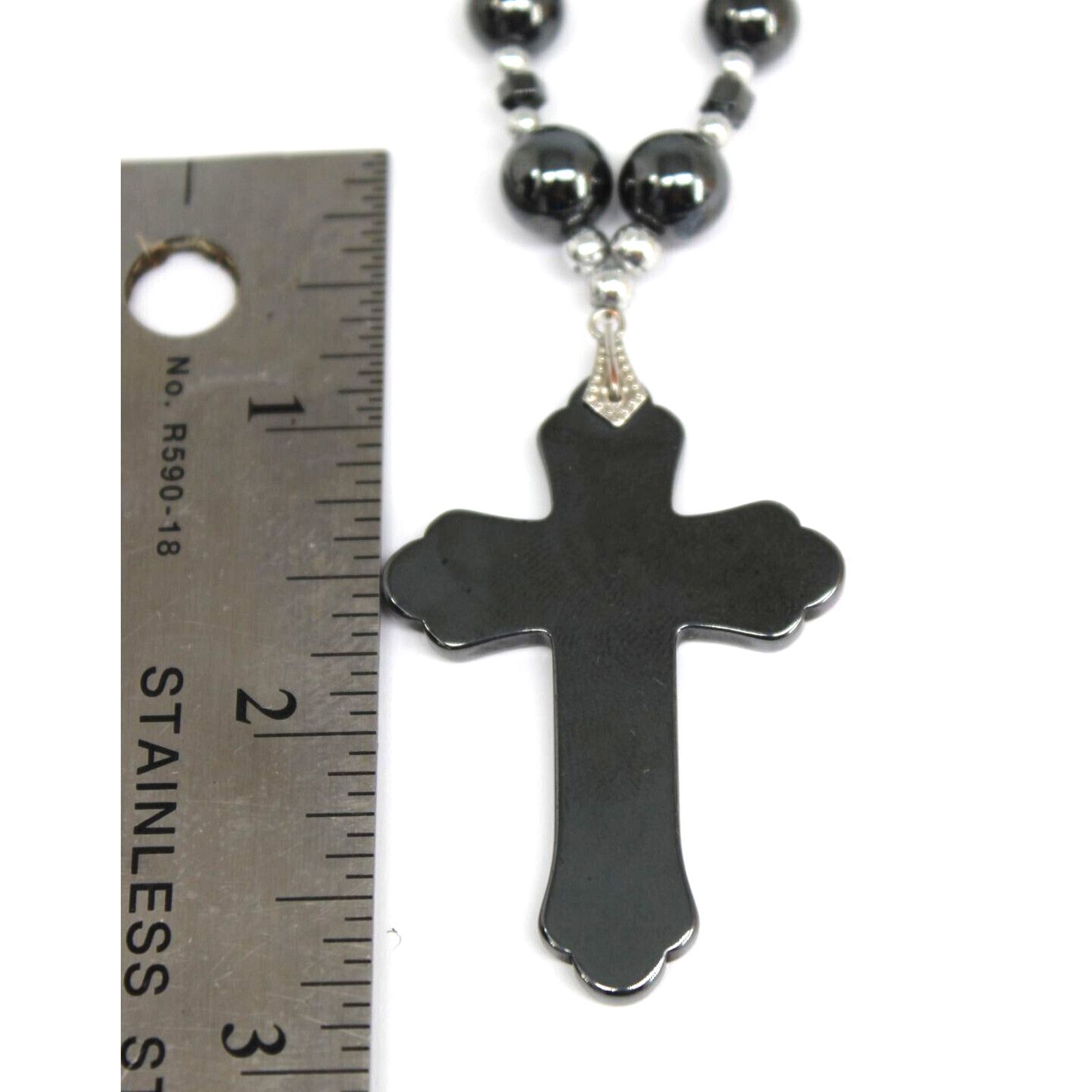 Other Hematite Christian Cross Pendant Long Round Silvertone Beads Size ONE SIZE - 3 Thumbnail