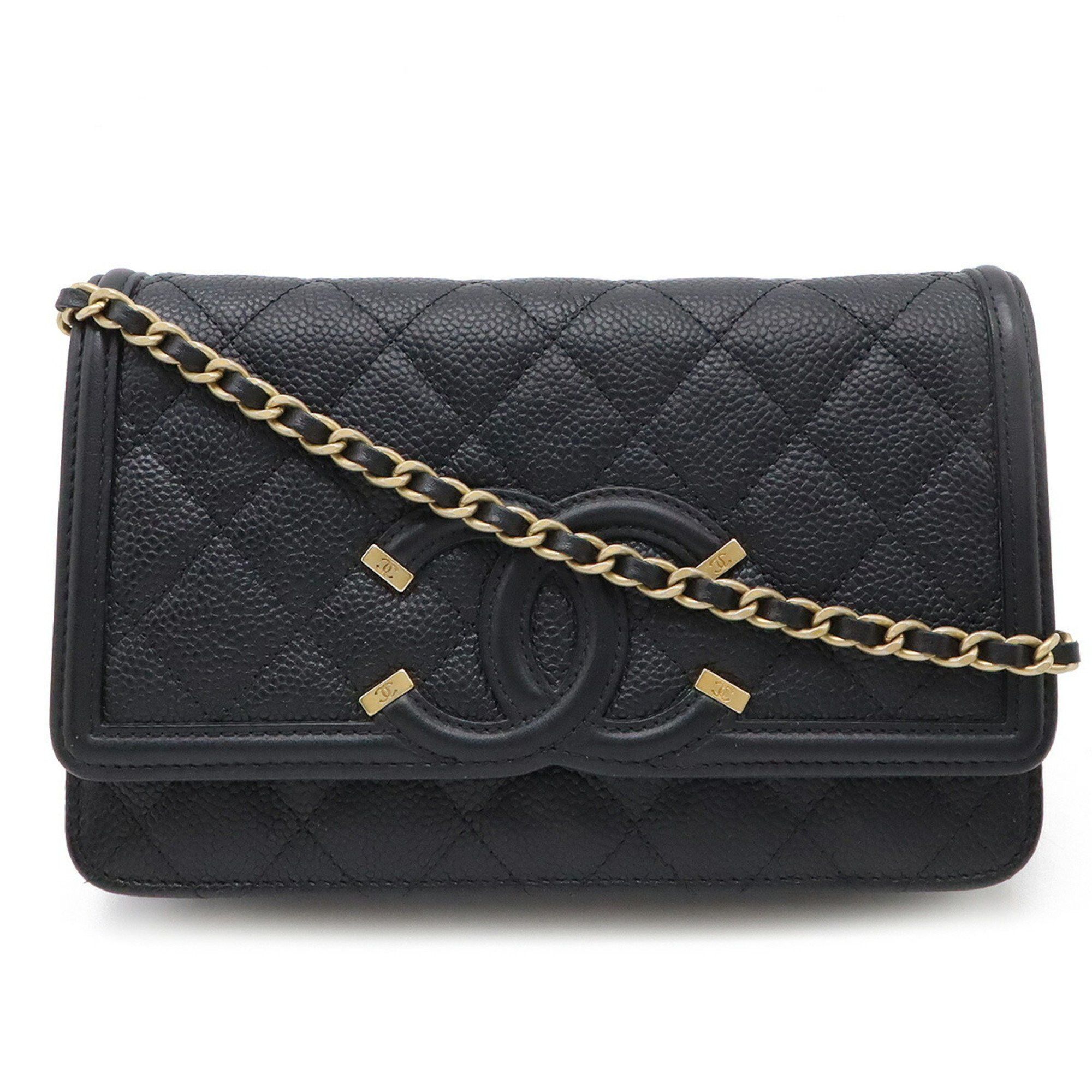 Chanel Cc Filigree Chain Wallet Shoulder Bag Pochette Caviar Skin Leather Black A84451, Women's