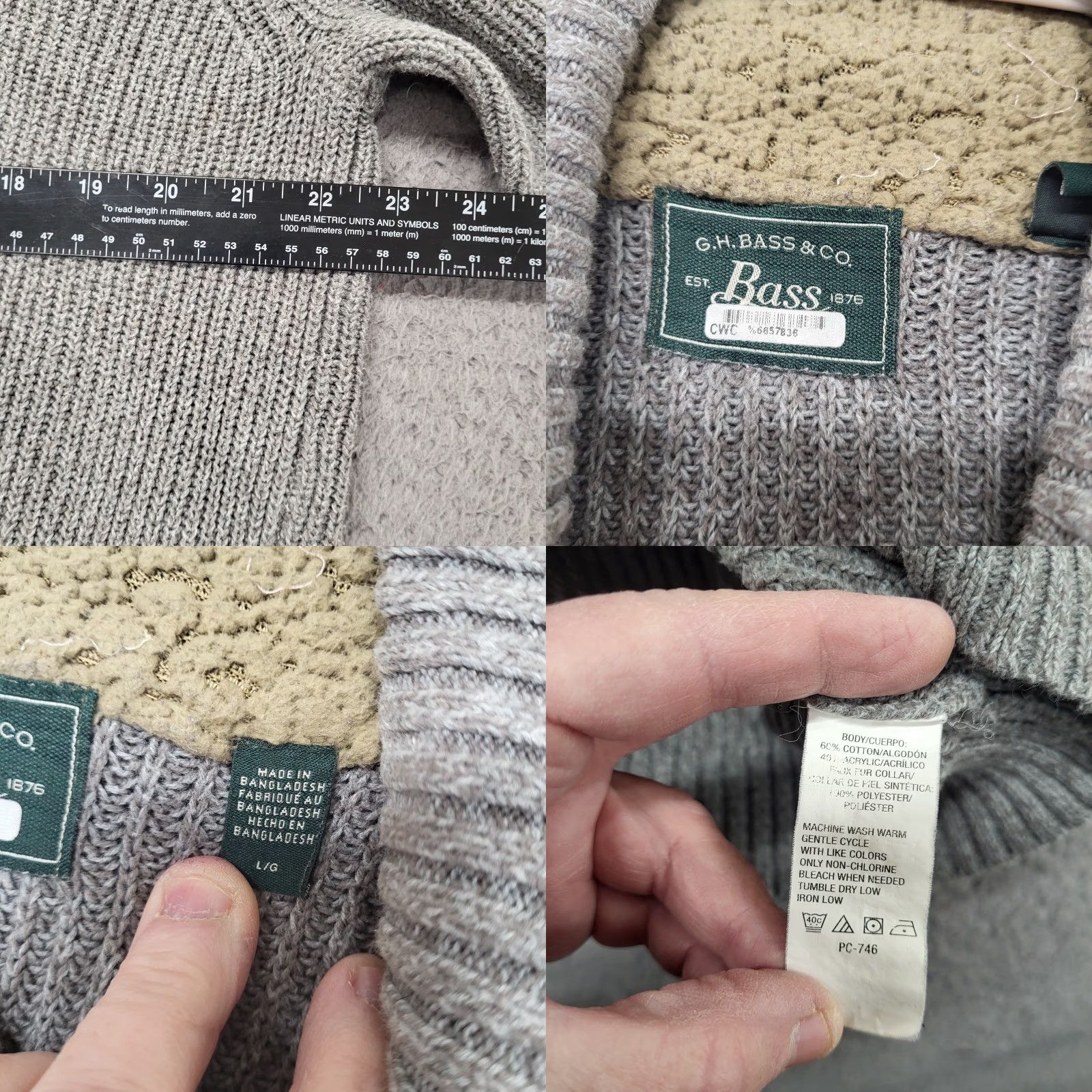 Vintage GH Bass Mens Henley Sweater Large Gray Sherpa Lined Collar Long Sleeve 4 Button Size US L / EU 52-54 / 3 - 8 Thumbnail