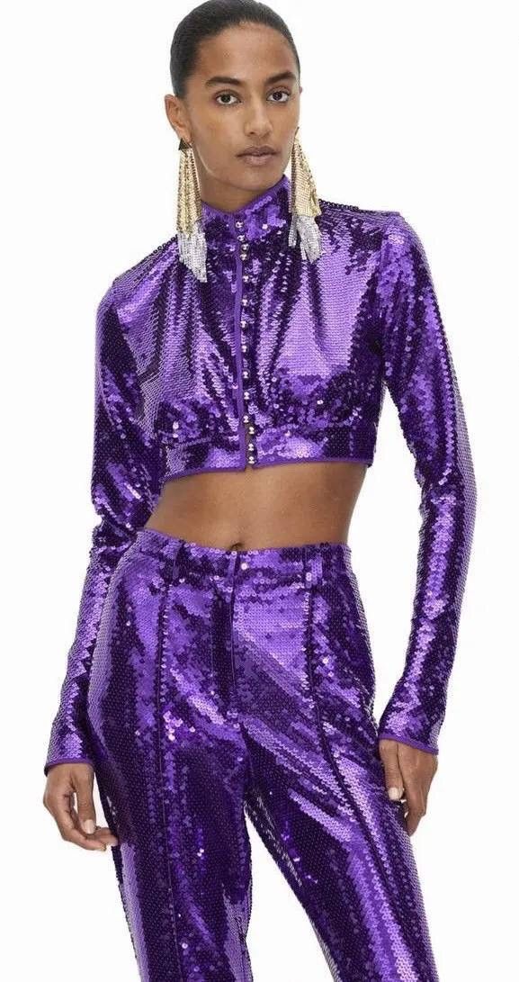 H&M × Paco Rabanne Paco Rabanne H&M Purple Sequined Cropped Top Y2K Size S / US 4 / IT 40 - 1 Thumbnail
