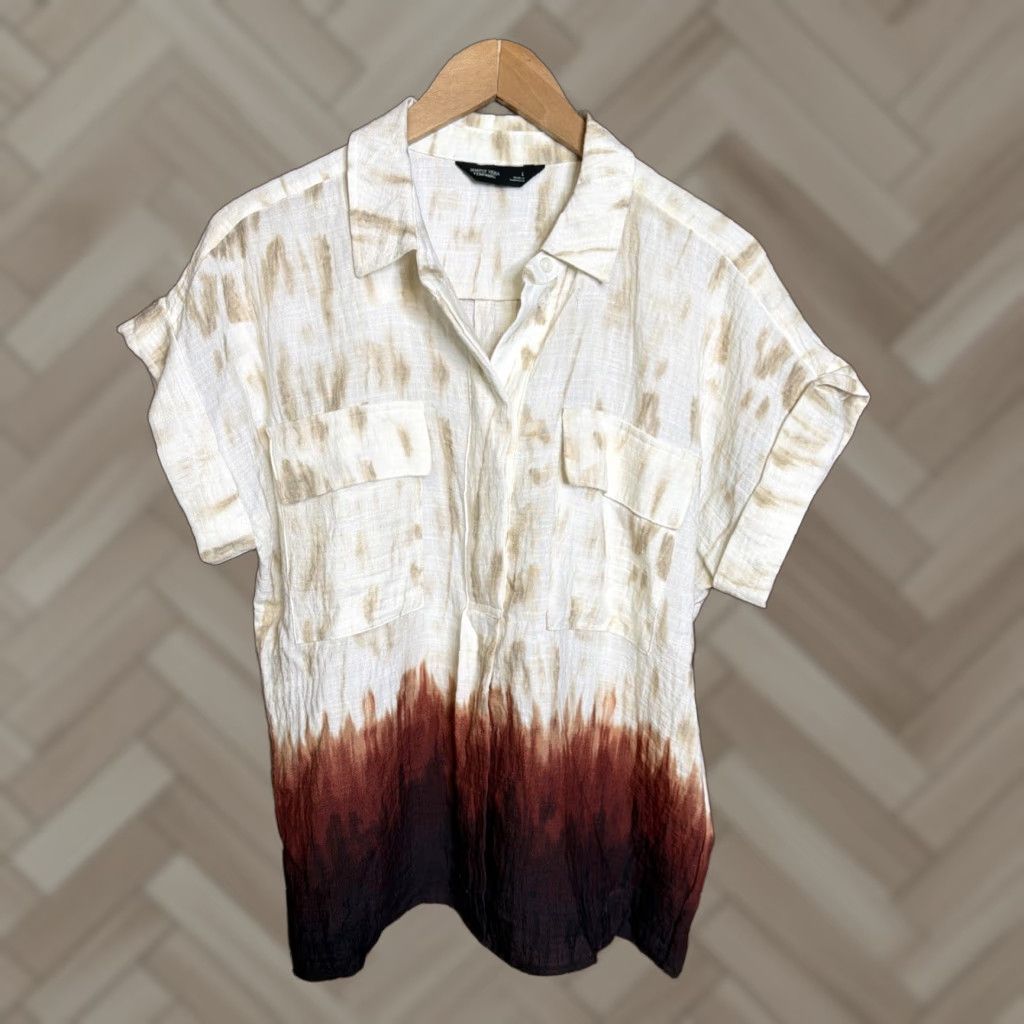 Vera Wang Vera Wang Simply Vera Rayon Blend Tie-Dye Blouse Women’s L Beige Short Sleeve V-Neck Multicolor Floral Shirt Ladies L Size L / US 10 / IT 46 - 1 Thumbnail