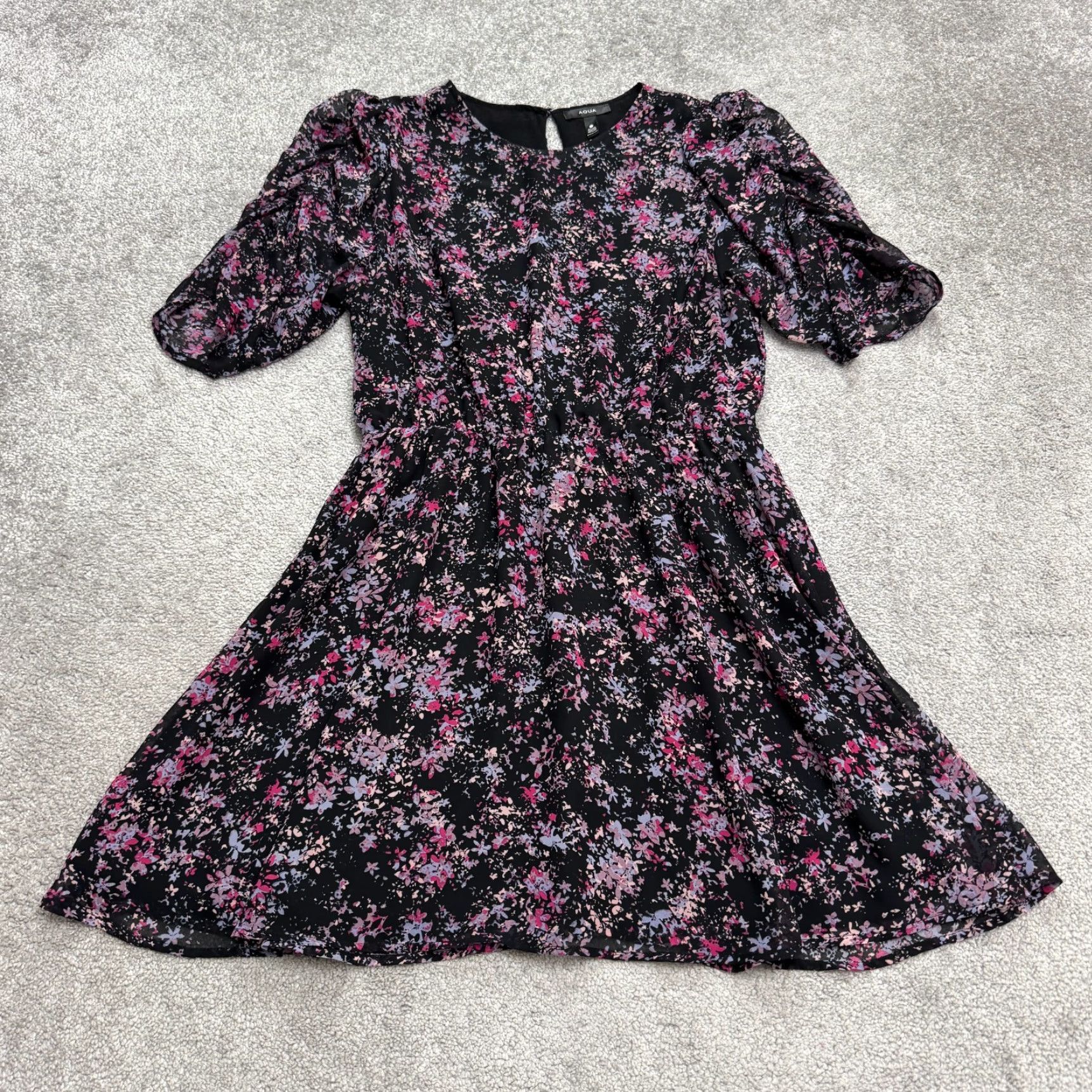 AQUA Aqua Puff Sleeve Mini Dress Womens L Black Floral Elastic Waist Long Sleeve Size L / US 10 / IT 46 - 2 Thumbnail