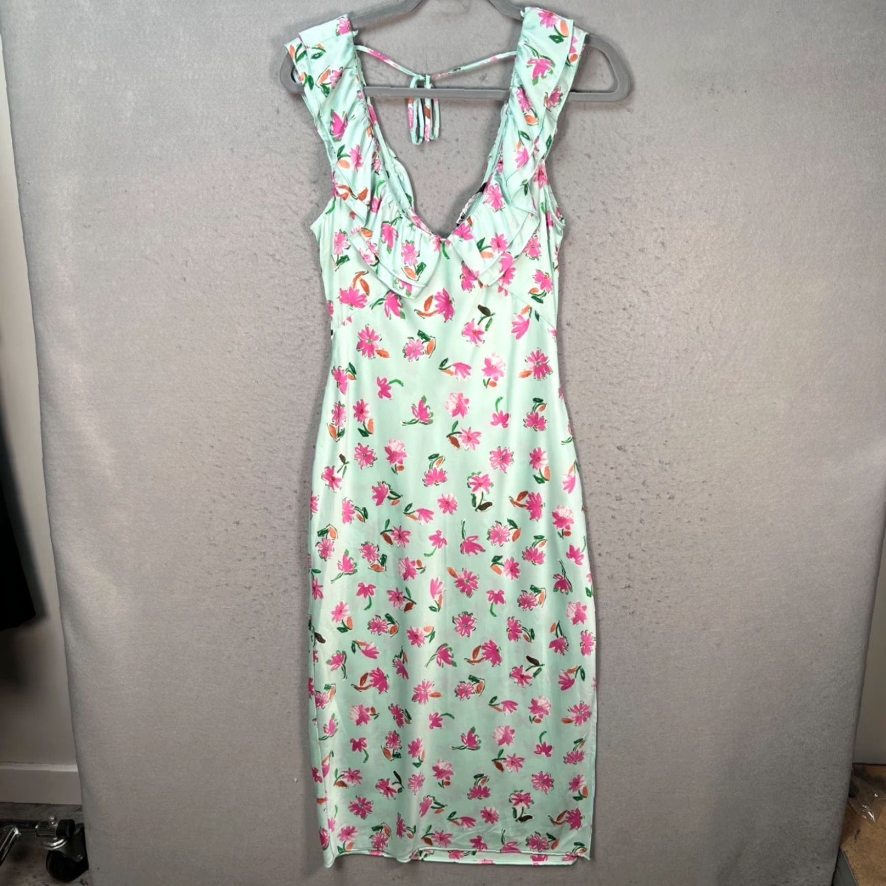 Zara Zara Womens Medium Mint Green Floral Midi Dress Sleeveless Ruffle Neckline Tie Back Womens Size M / US 6-8 / IT 42-44 - 2 Thumbnail