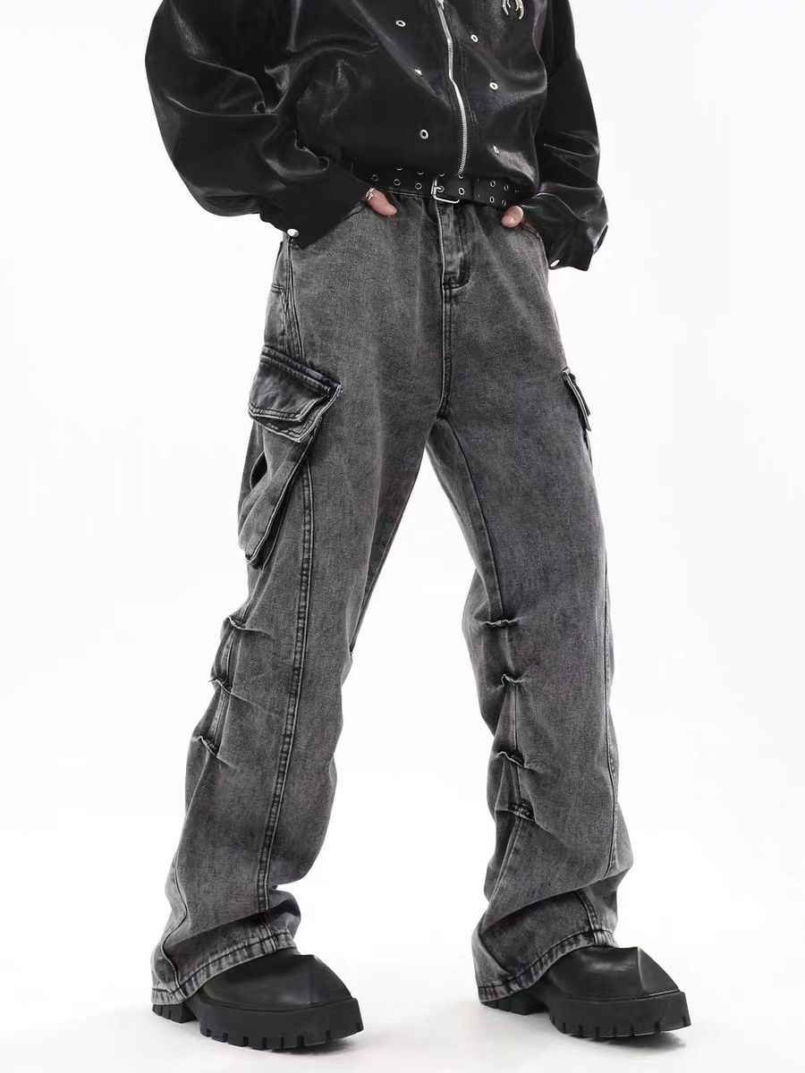 Retro washed distressed stacked cargo jeans