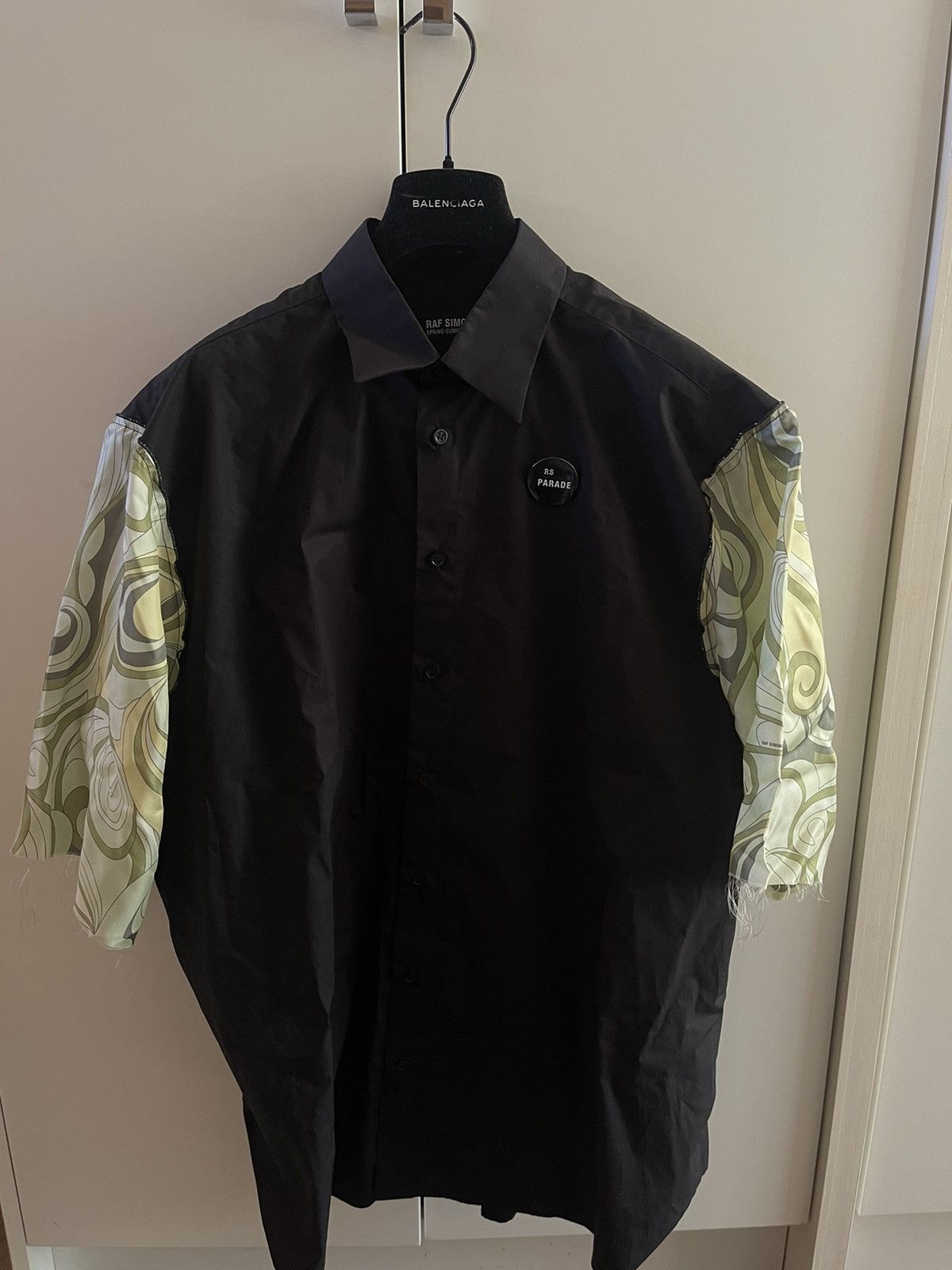Raf Simons RAF SIMONS S/S21 Boxy Black Shirt with Silk Sleeves and Pin Size US M / EU 48-50 / 2 - 3 Thumbnail
