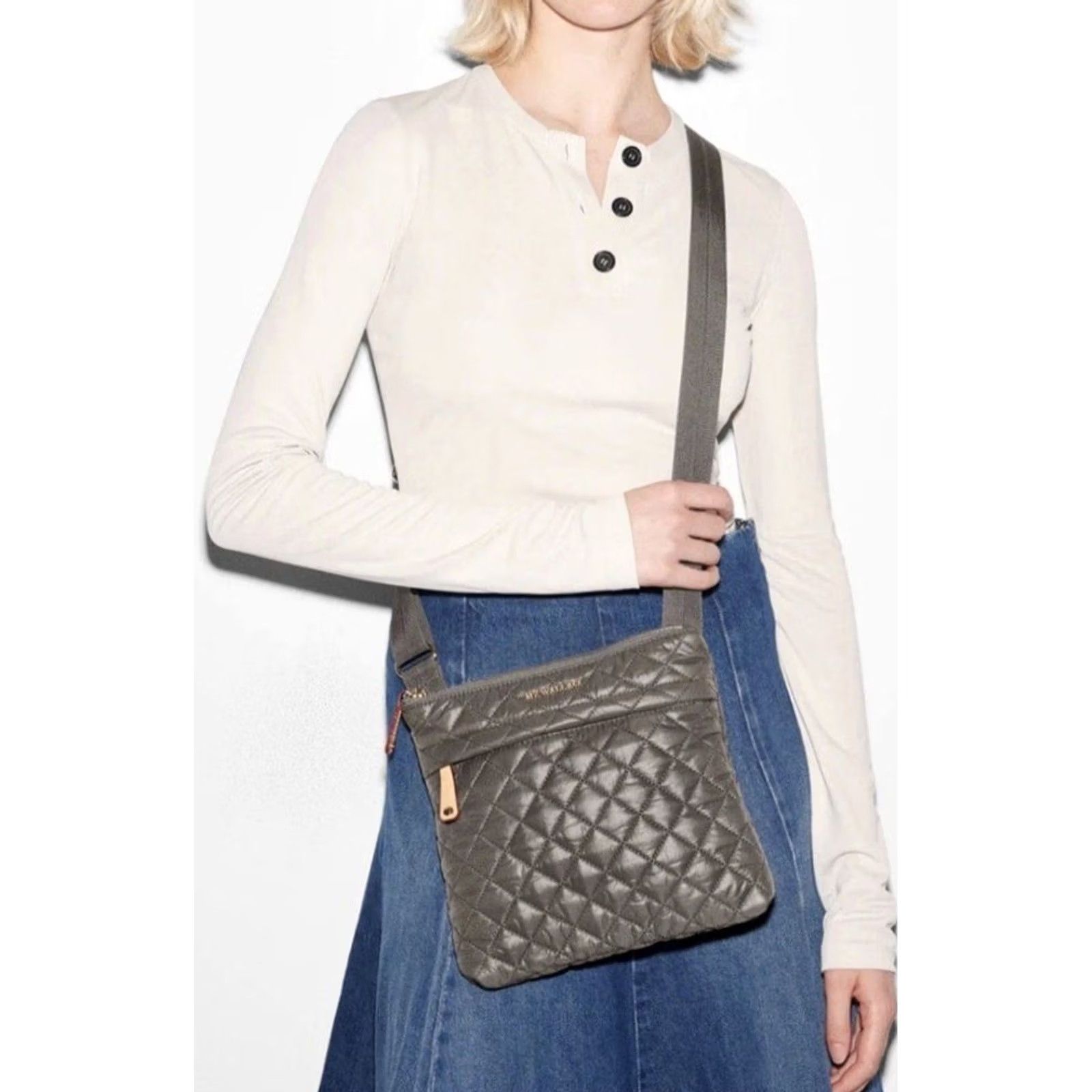 MZ Wallace MZ Wallace Bag Womens Small-Medium Metro Flat Crossbody Grey Olive Quilted Fabric Leather Trim Size ONE SIZE - 2 Thumbnail