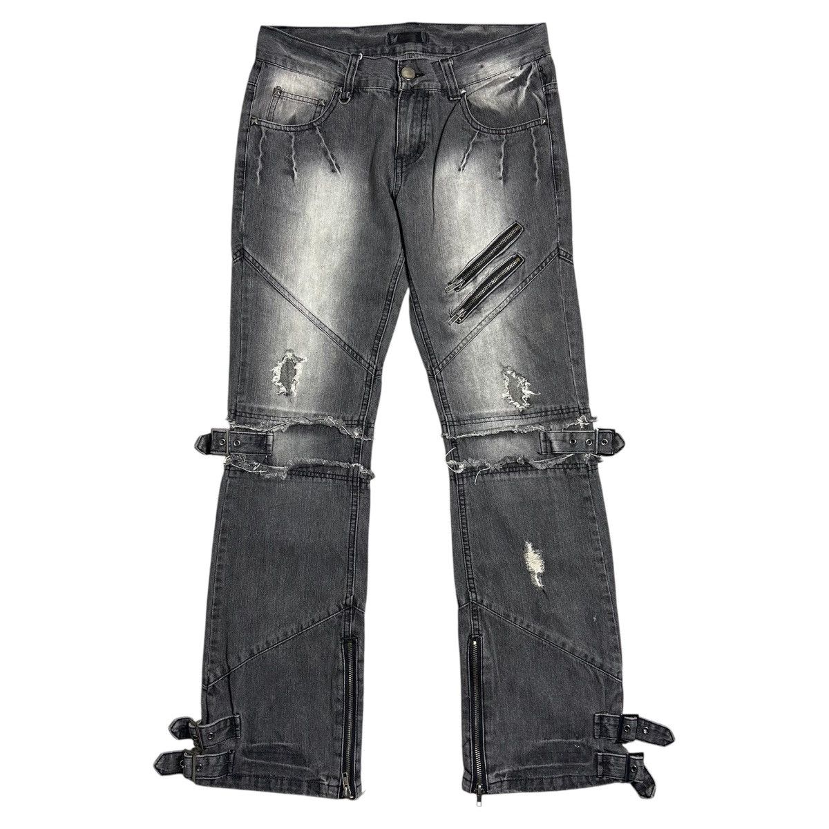 BUFFALO BOBS Black Baccara Multizipper Distressed Bondage Flare Jeans Size US 30 / EU 46 - 1 Thumbnail
