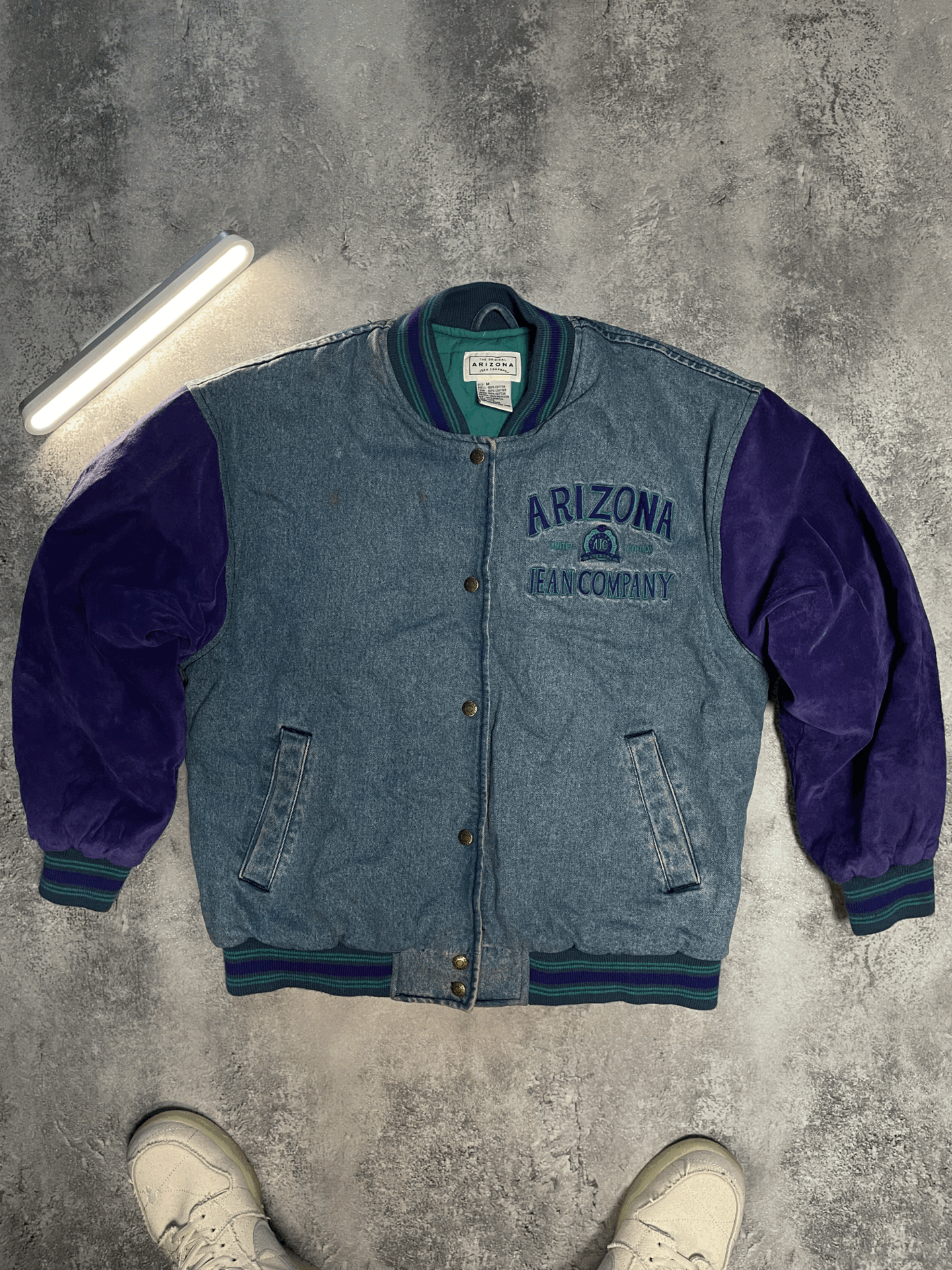 Arizona Jean Co. Vtg 90s Arizona Jean Co Denim Varsity Bomber Jacket Size US M / EU 48-50 / 2 - 1 Thumbnail