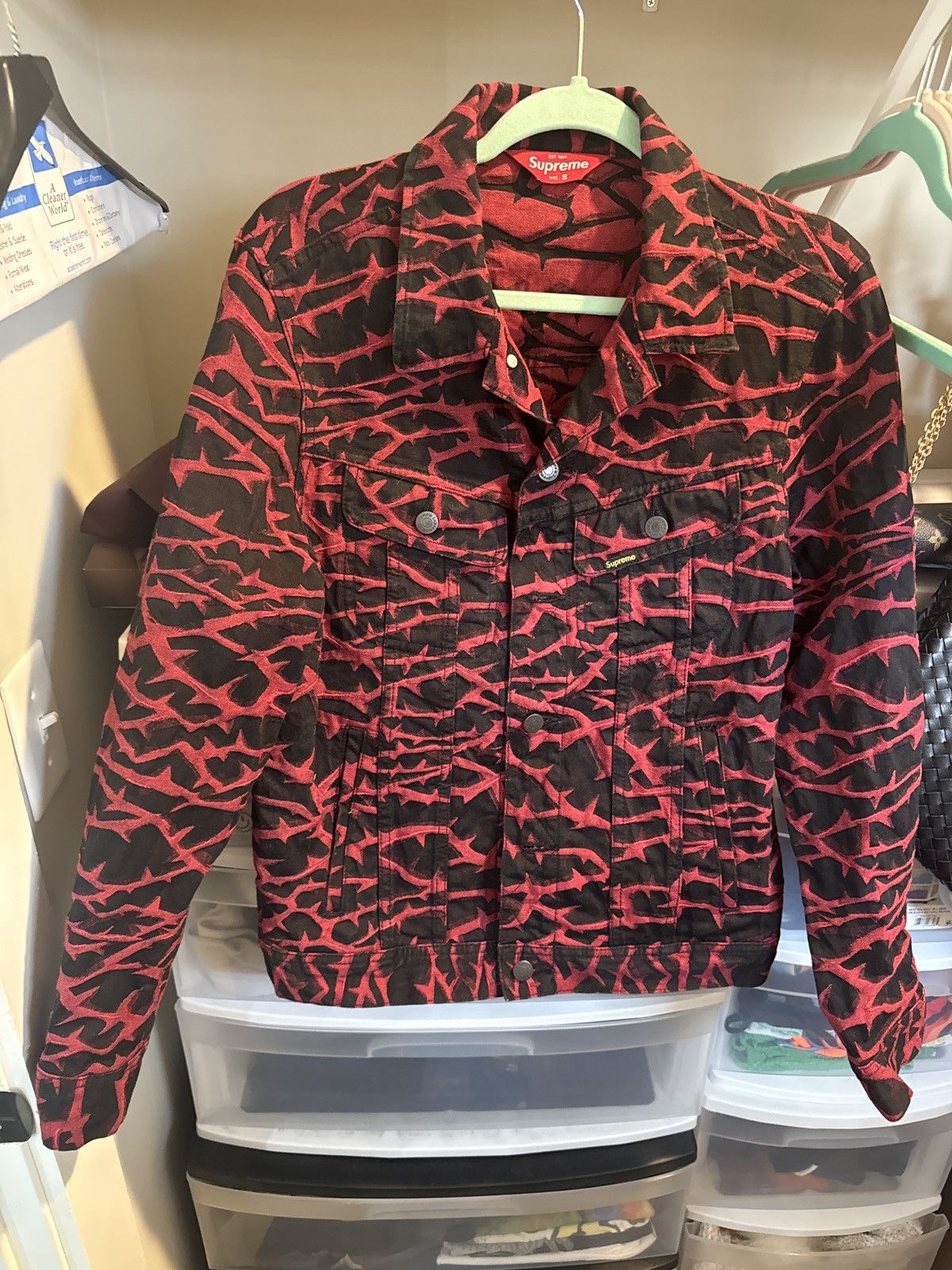 image of Supreme Thorn Trucker Jacket in Black/Red, Men's (Size Small)