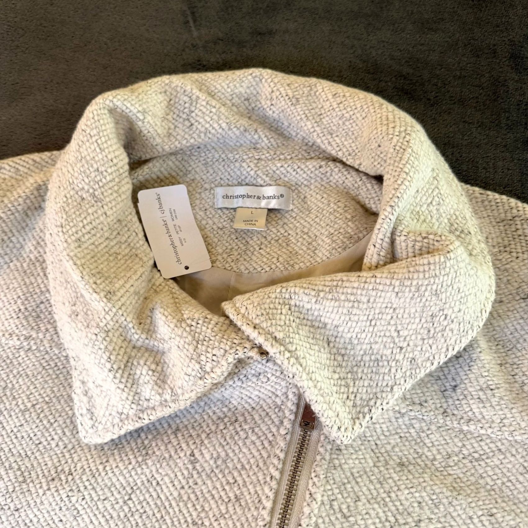 Vintage Christopher & Banks Textured Knit Zip Front Jacket White Womens Large NWT Gray/White Skin? Size L / US 10 / IT 46 - 2 Thumbnail