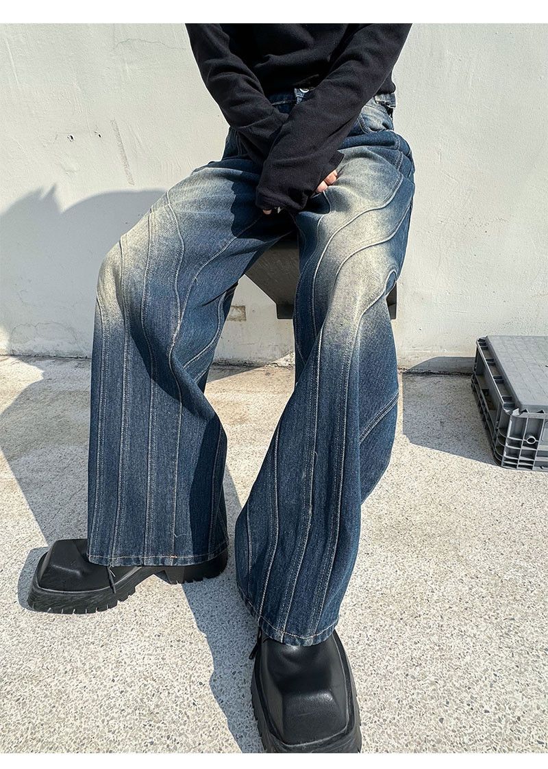 Contrast Colour Bleached Split Rivet Loose Jeans