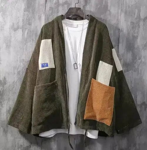 Japanese Brand Army green patchwork corduroy kimono cardigan jacket Size US XL / EU 56 / 4 - 1 Thumbnail