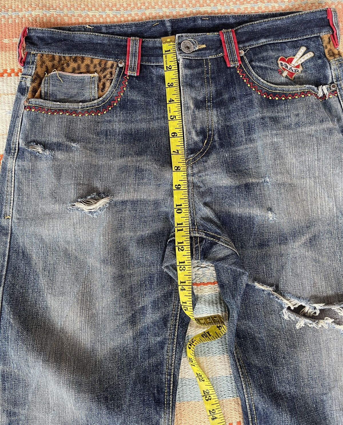 If Only Was True Very rare🔥SQUARE DARK🔥Embroidery Selvedge Distressed Jeans Size US 35 - 6 Thumbnail