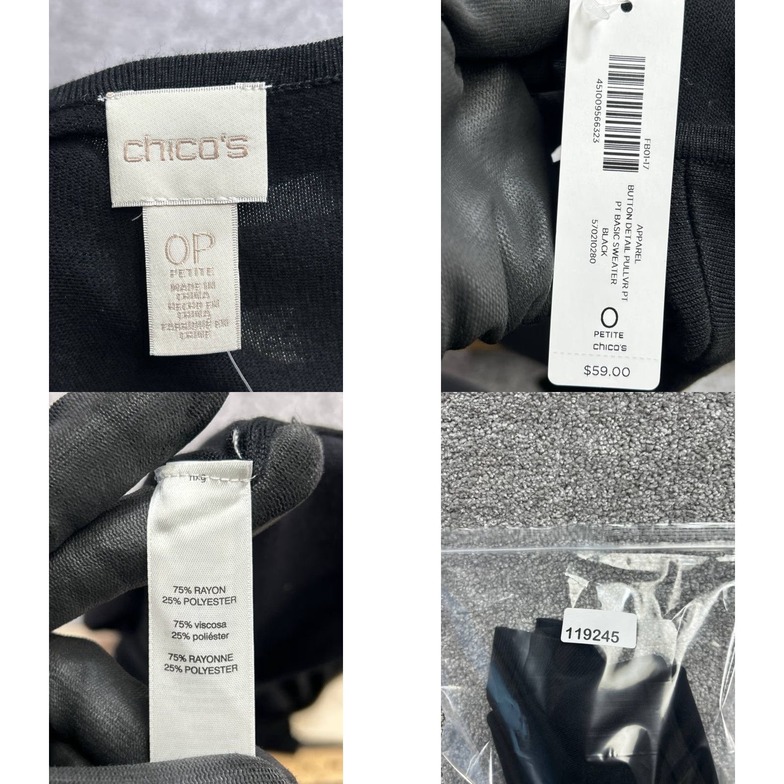 Vintage Chicos Sweater 0 Petite Black Button Detail Pullover Crew Neck Basic New Womens Size XS / US 0-2 / IT 36-38 - 8 Thumbnail