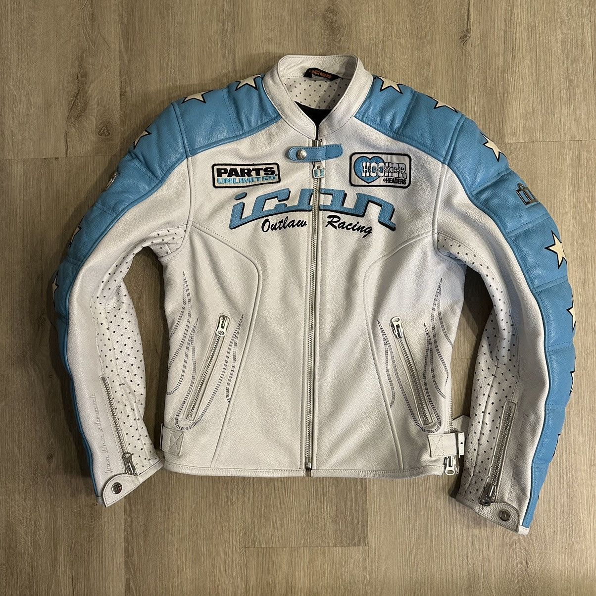 image of Authentic Icon x Leather Jacket Icon Y2K Leather Motorcycle Outlaw Racing Kitty Jacket in White/Blu