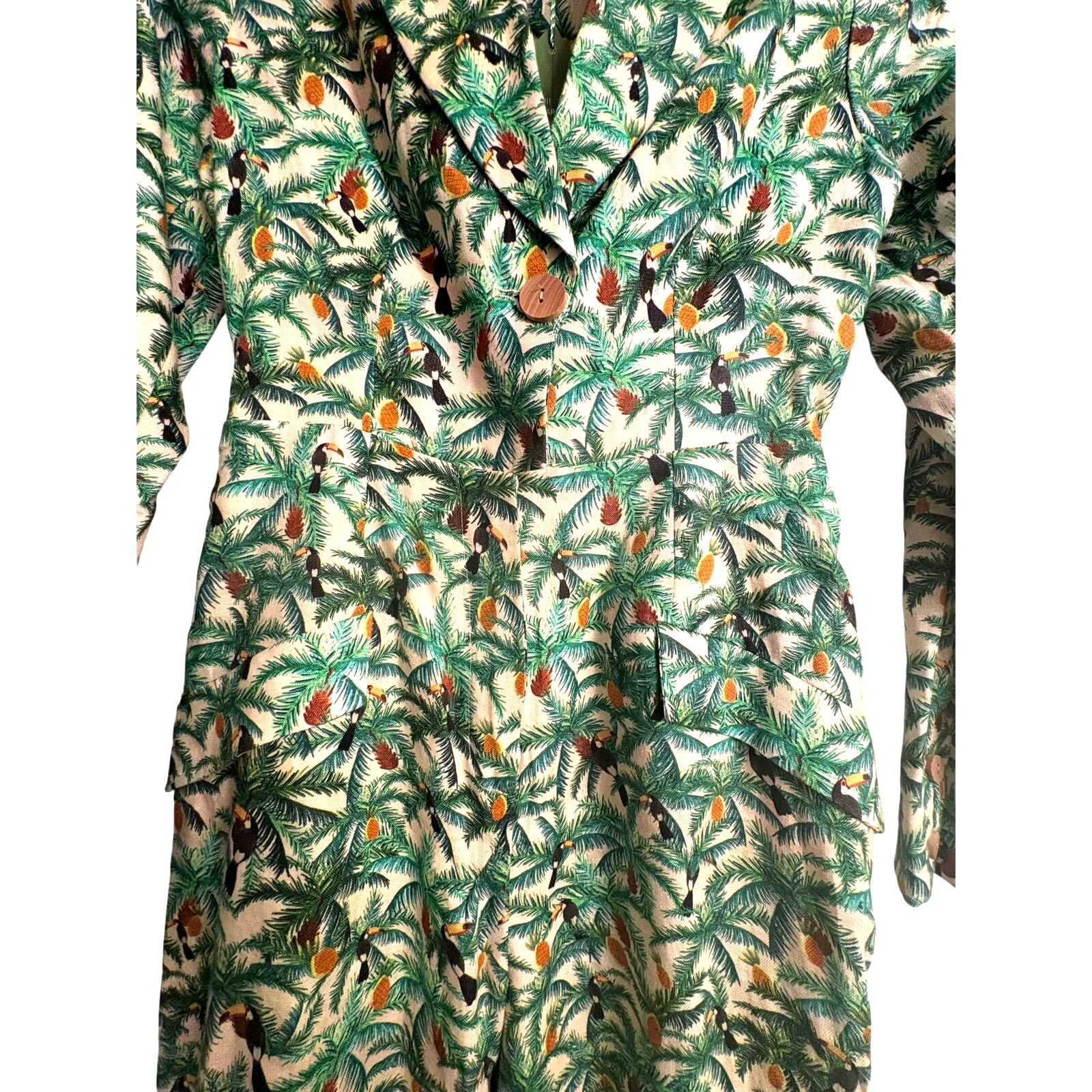 Farm Rio FARM RIO | Tropical Mini Toucan Blazer Jumpsuit | Linen |XS Size 25" / US 0 / IT 36 - 7 Thumbnail