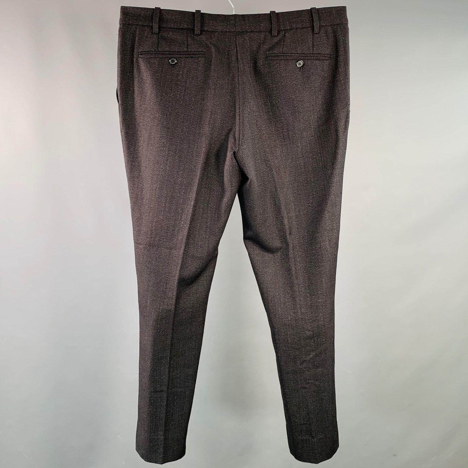 Black Red Woven Virgin Wool Mohair Flat Front Dress Pants
