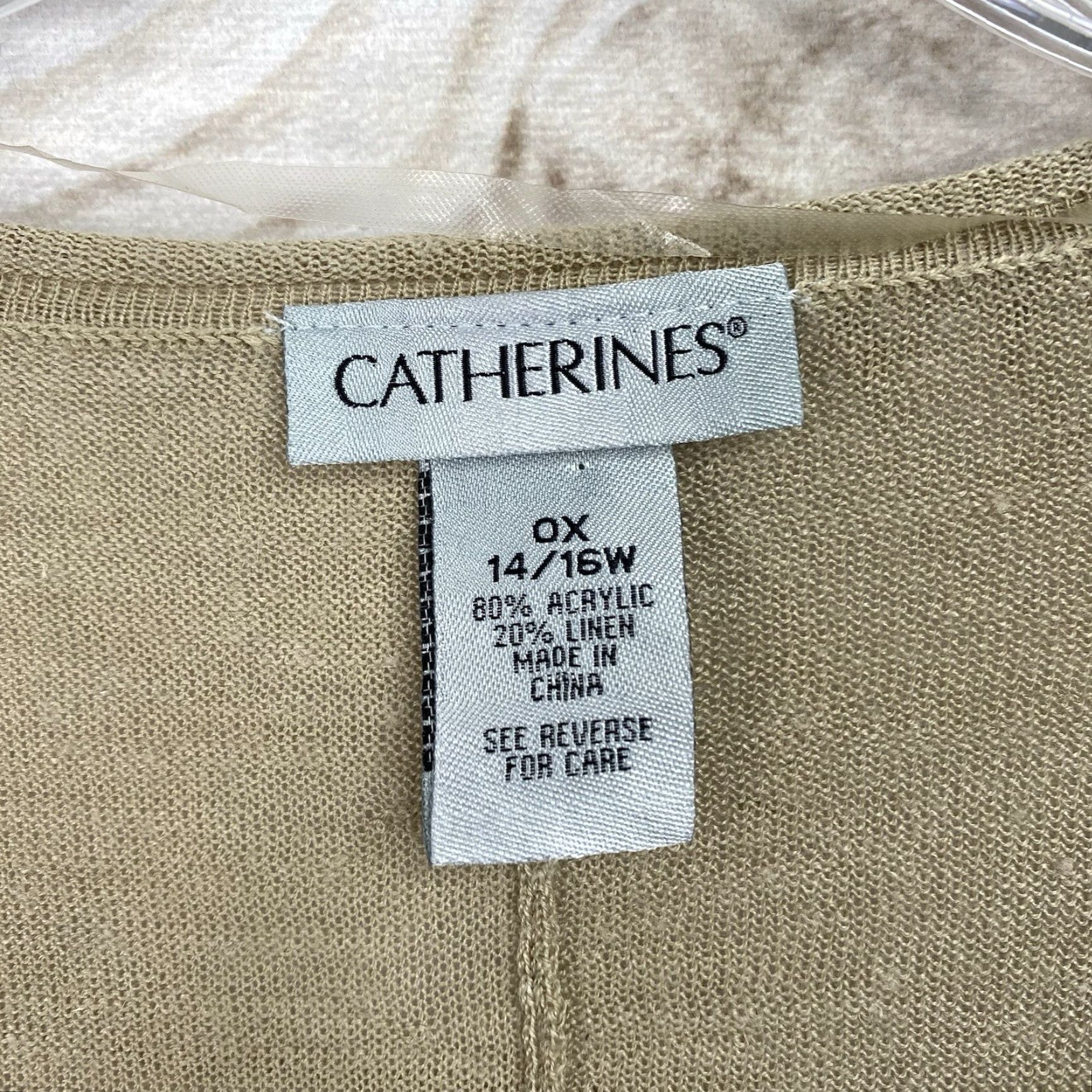Vintage Catherines Cardigan Open 0X Tan Linen Blend Topper Lightweight 3/4 Sleeve Knit Casual Bohemian V-Neck Relaxed Plus Jacket Womens Size XL / US 12-14 / IT 48-50 - 2 Thumbnail