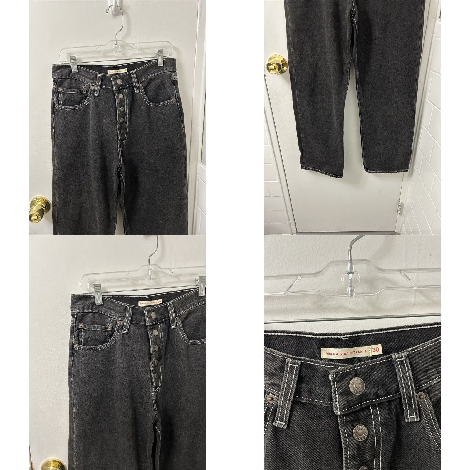 Levi's Levi's Ribcage Straight Ankle Jeans Womens 30x27 Black High Rise Button Fly Denim Cotton Blend 5-Pocket 90s Vintage Charcoal Wash Size 30" / US 8 / IT 44 - 8 Thumbnail