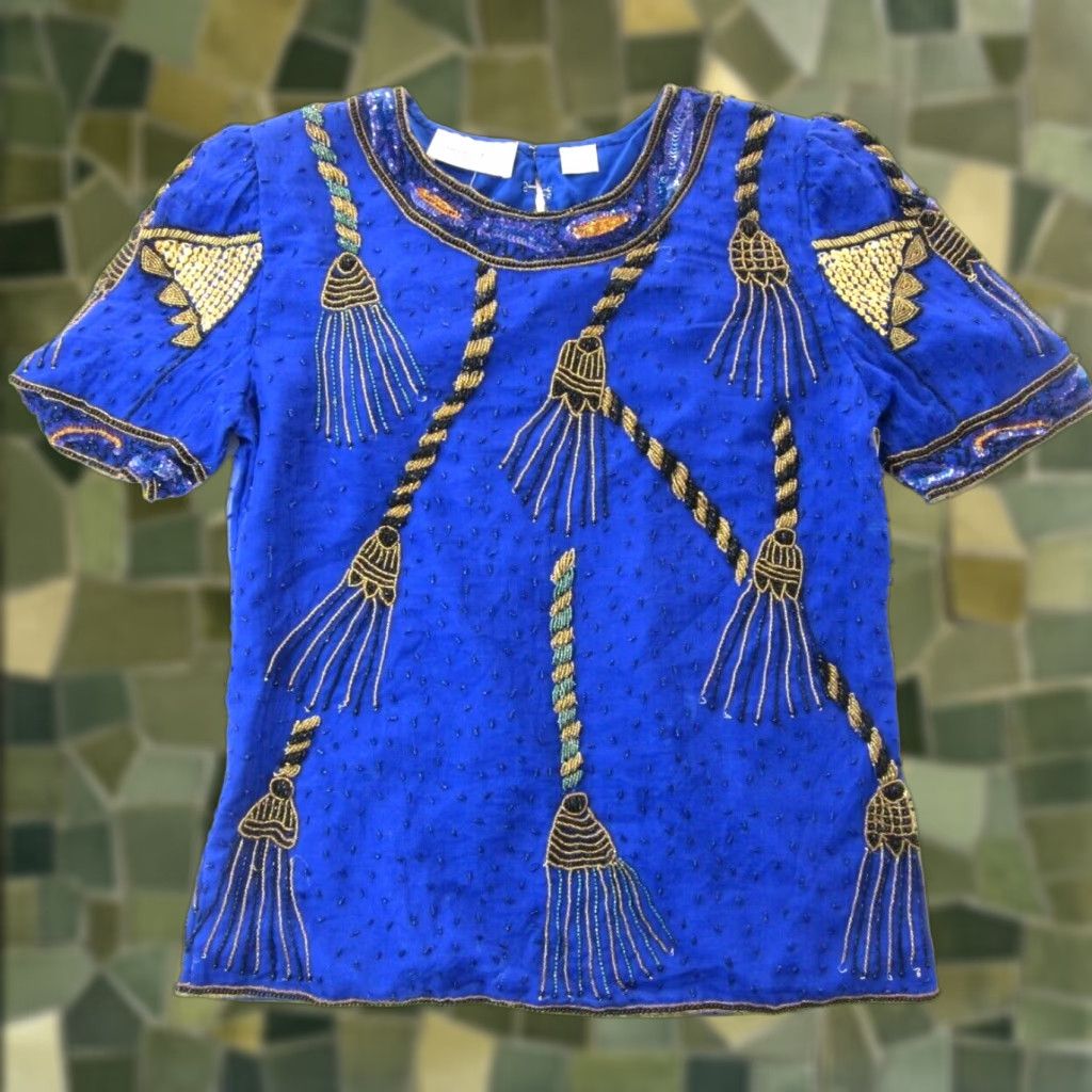 Vintage NWT Laurence Kazar 100% Silk Blue Gold Beaded Sequin Short Sleeve Blouse PS Size S / US 4 / IT 40 - 1 Thumbnail