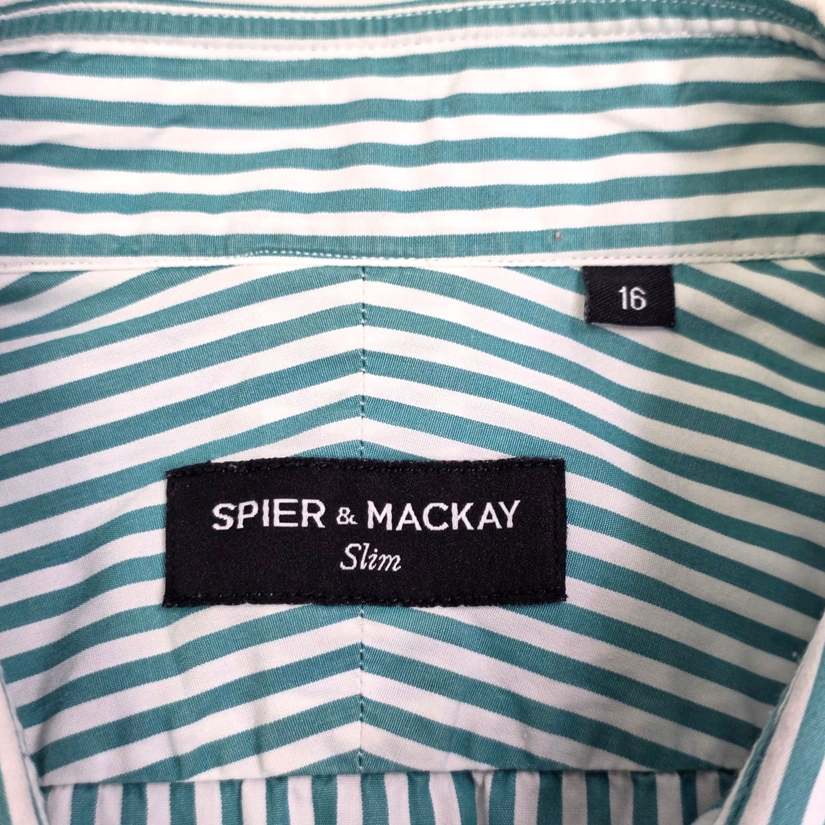 Vintage SPIER MACKAY Dress Shirt Slim Fit Green White Stripe Long Sleeve Size 16 Large Mens Size 42R - 4 Thumbnail