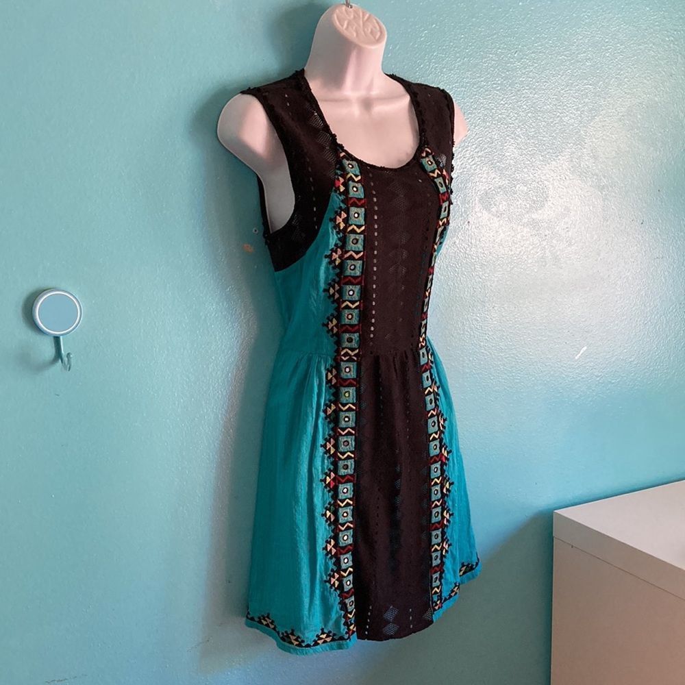 Free People Size 6 Mini Fit Flare Dress S Turquoise & Black