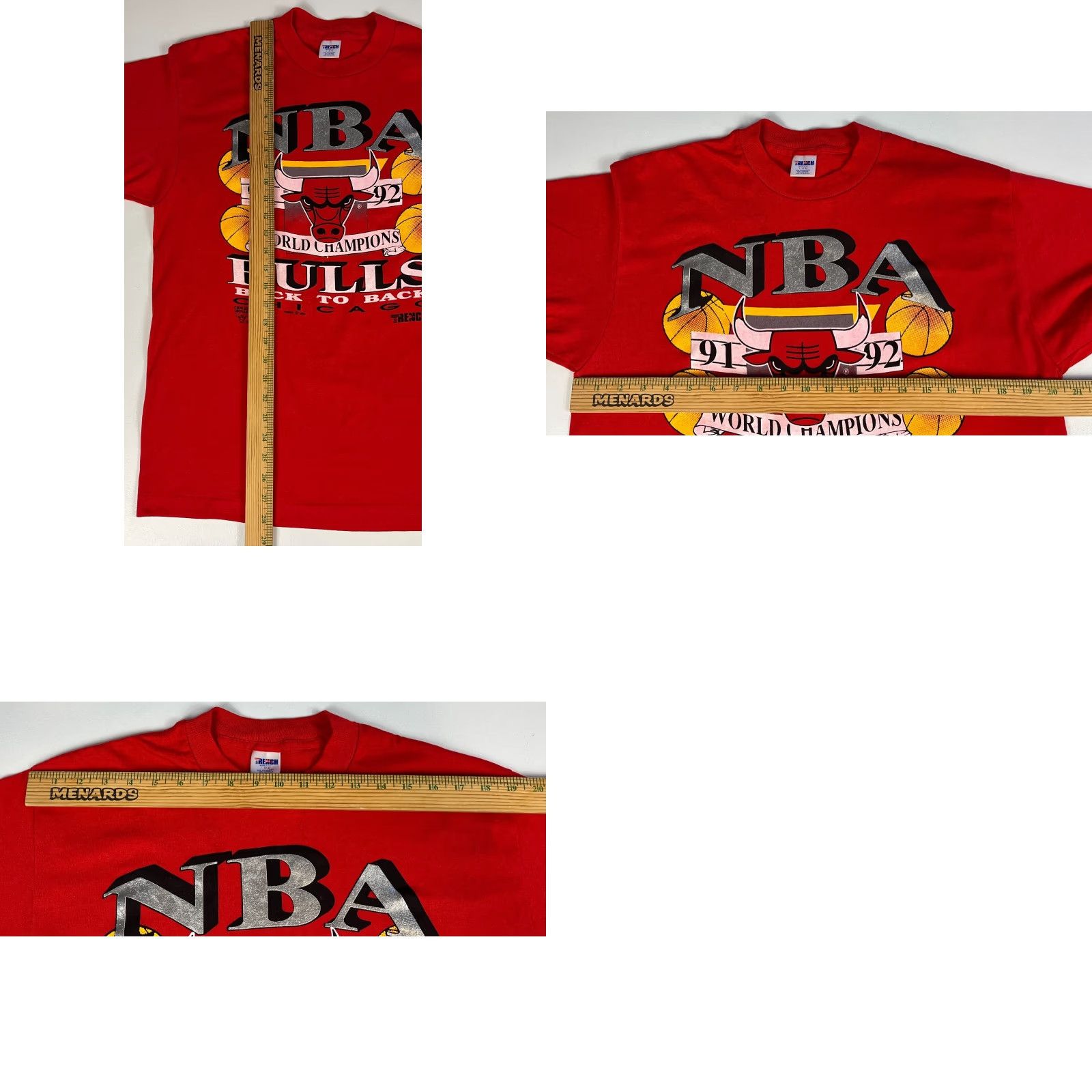 NBA VINTAGE Chicago Bulls 1992 Back To Back NBA Champions T-Shirt Men L Red 90s Graphic Trench Made in USA Size US L / EU 52-54 / 3 - 8 Thumbnail