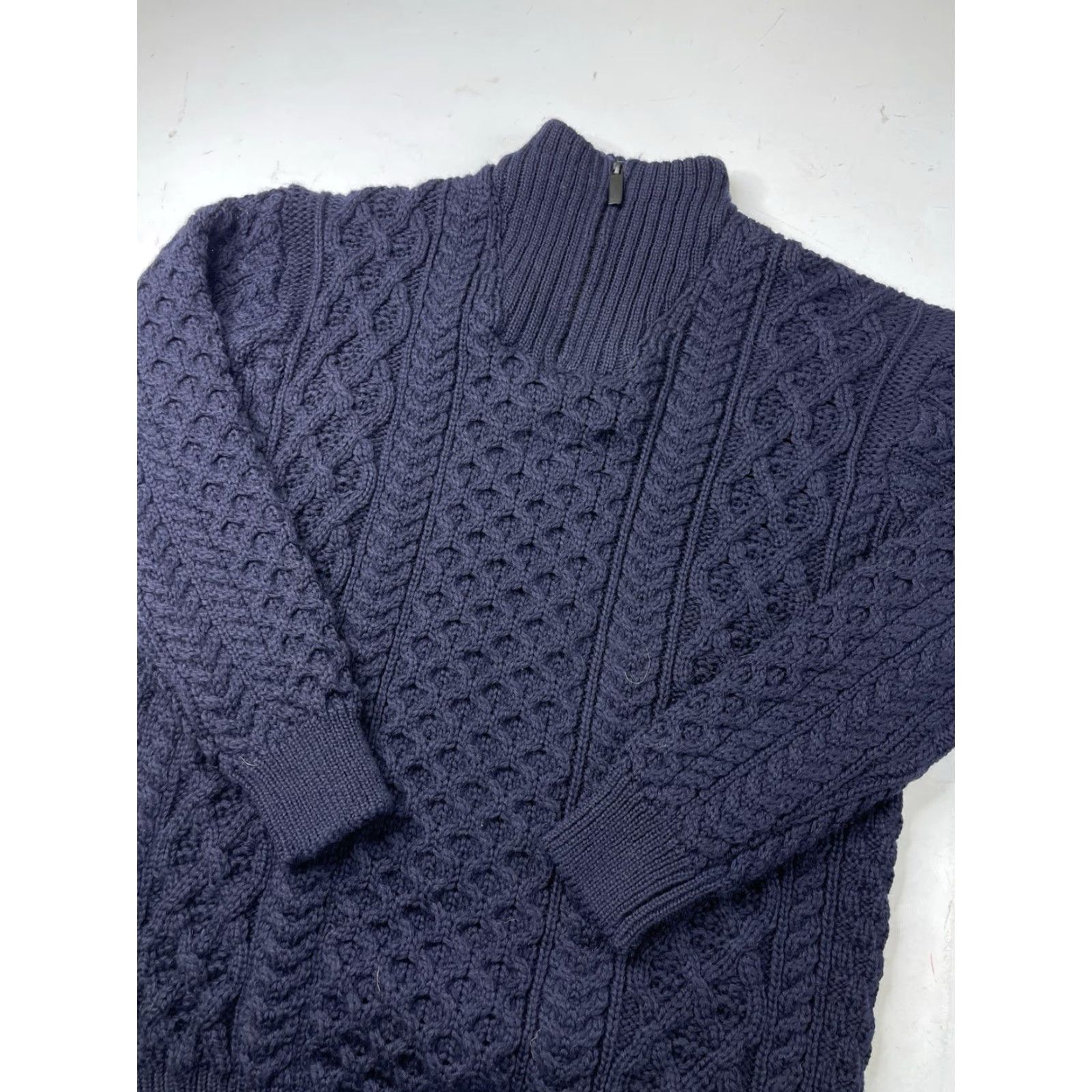 Market Aran Sweater Market Sweater Cardigan 1/4 Zip Navy XL Wool Cable Knit Mock Neck Men Size US XL / EU 56 / 4 - 2 Thumbnail