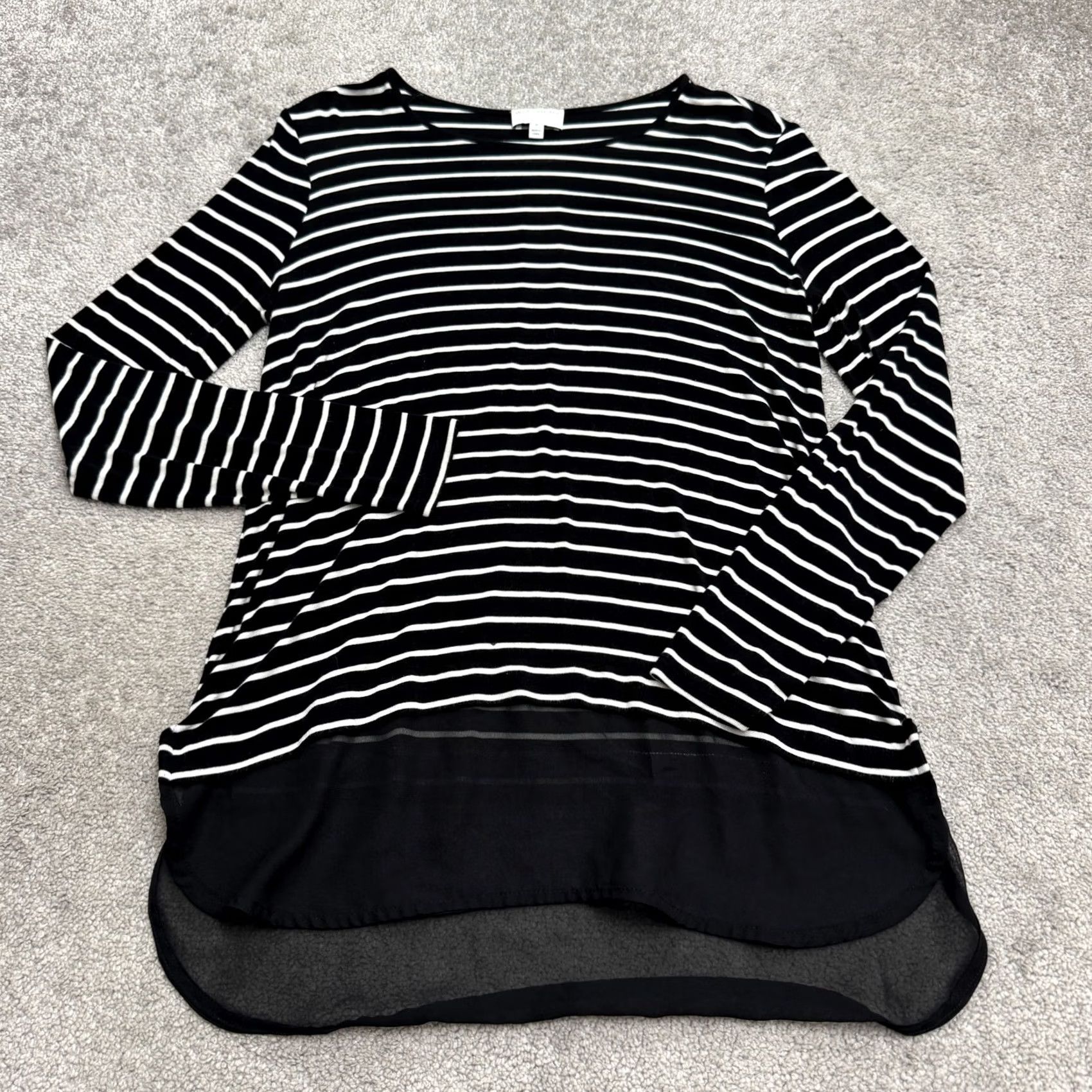 Vintage Witchery Striped Shift Dress Womens Small Black White Long Sleeve Hi-Low Sheer Knit Spandex Viscose Round Neck Regular Length Casual Womens Size S / US 4 / IT 40 - 2 Thumbnail