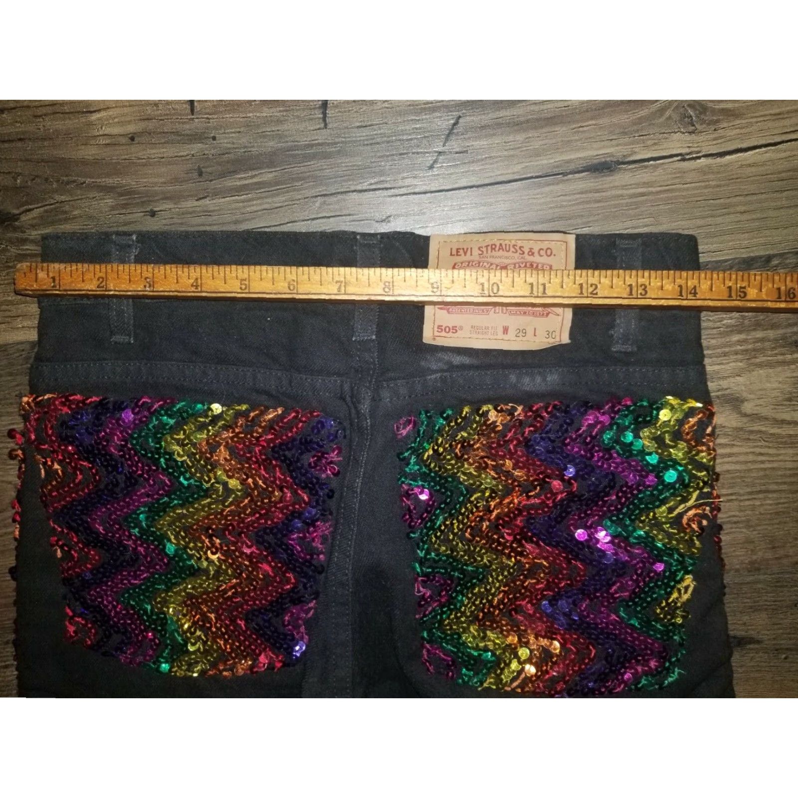 Levi's Vintage Levi's 505 Jeans Men 29x30 Black Denim USA Pride Month Sequin Rainbow Distressed Size US 29 - 5 Thumbnail