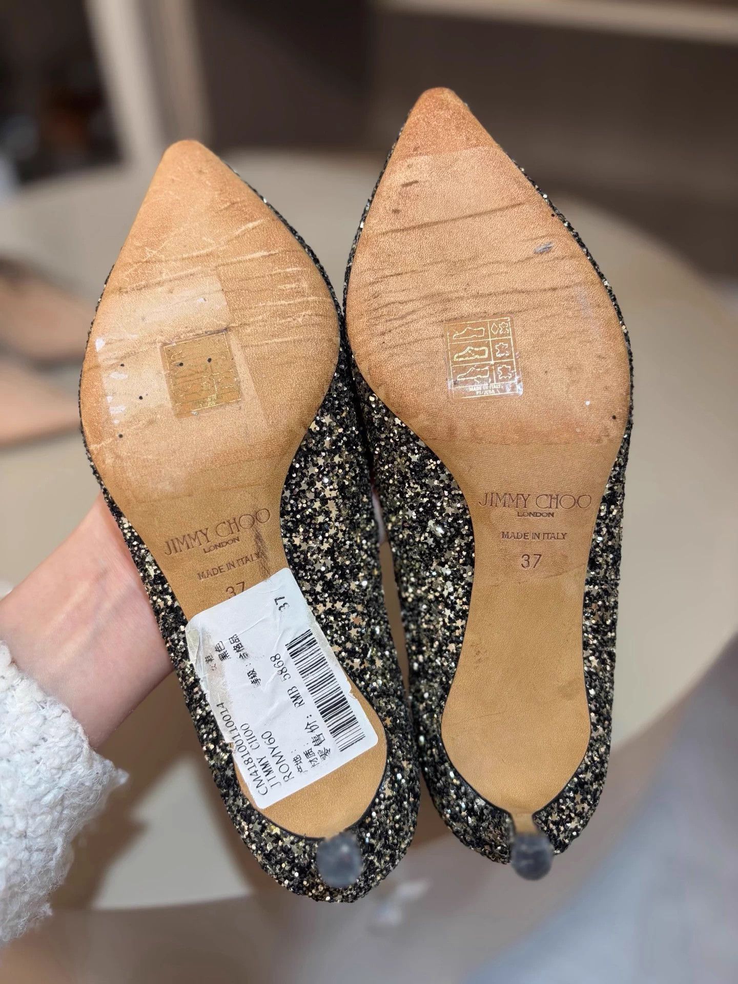 Jimmy Choo black gold star-sequin heels new 37