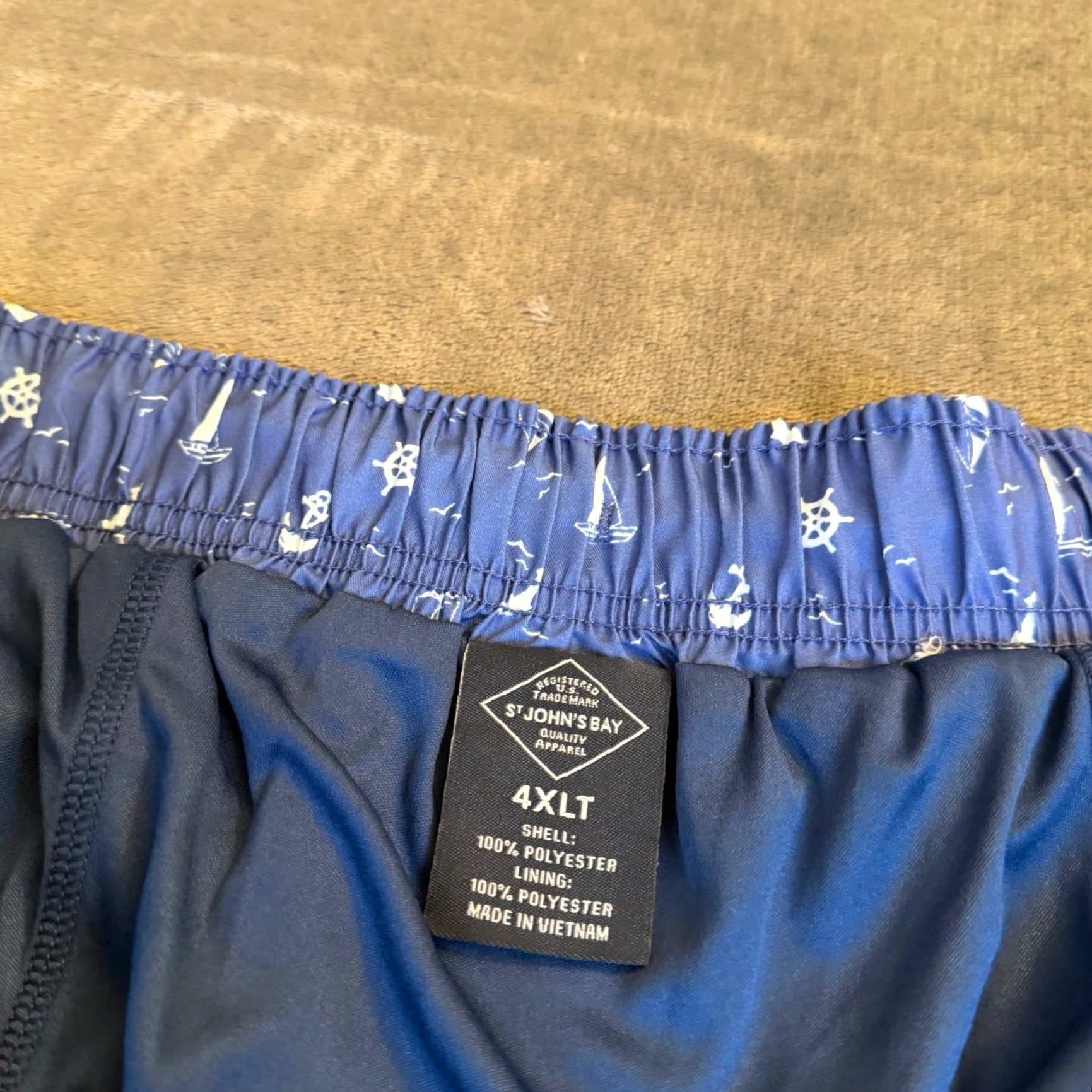 Vintage St Johns Bay Swim Trunks Mens 4XLT Blue Nautical Sailboat Anchor Elastic Waist Board Shorts Geometric Pockets Drawstring Big & Tall Mens Size US 39 - 3 Thumbnail