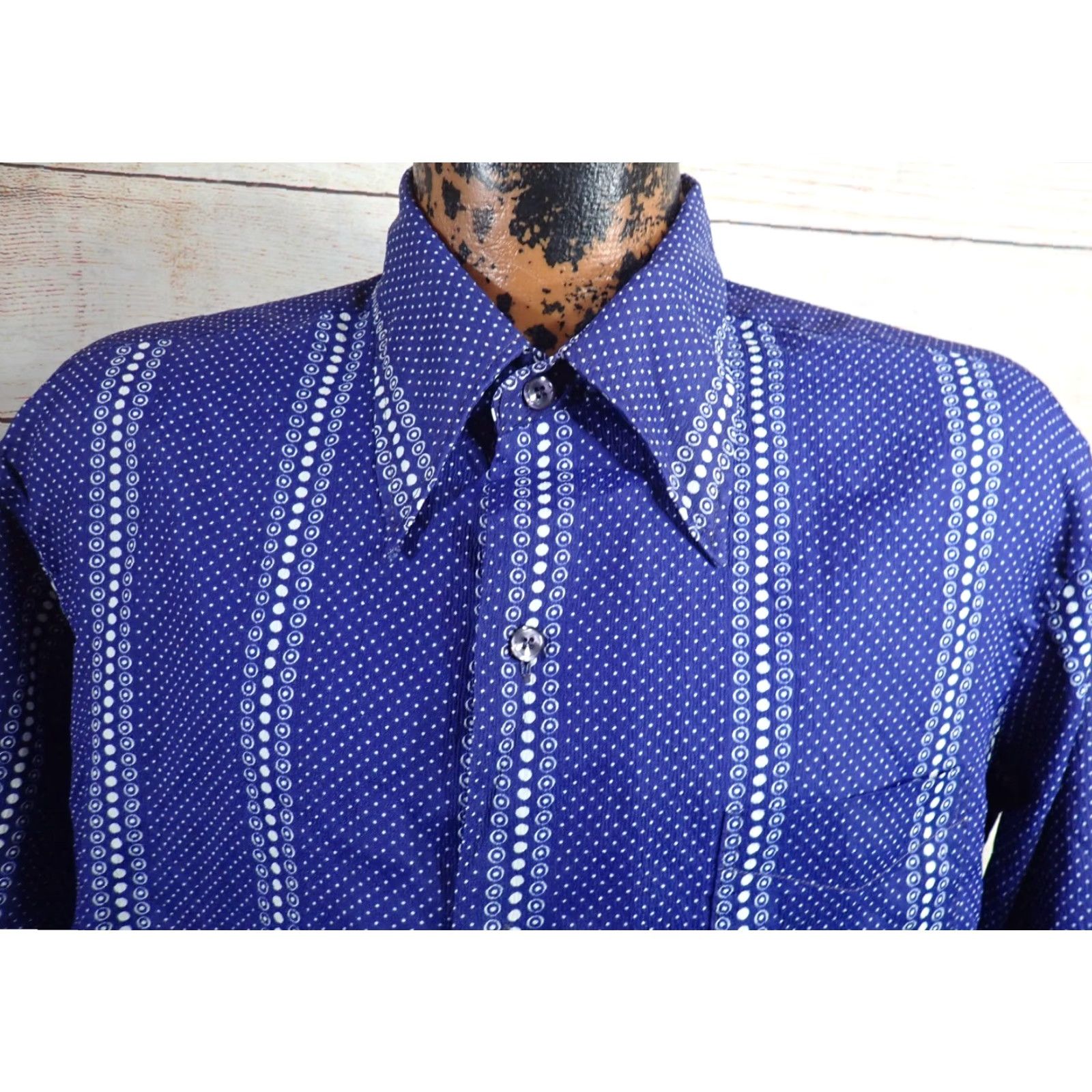 Sears SEARS Kings Road MCM Disco Shirt Mens XL Vintage 70s Groovy Blue White Dot AOP Button-Front Shirt - True Vintage 1965-1976 50s 60s 70s Size US XL / EU 56 / 4 - 2 Thumbnail