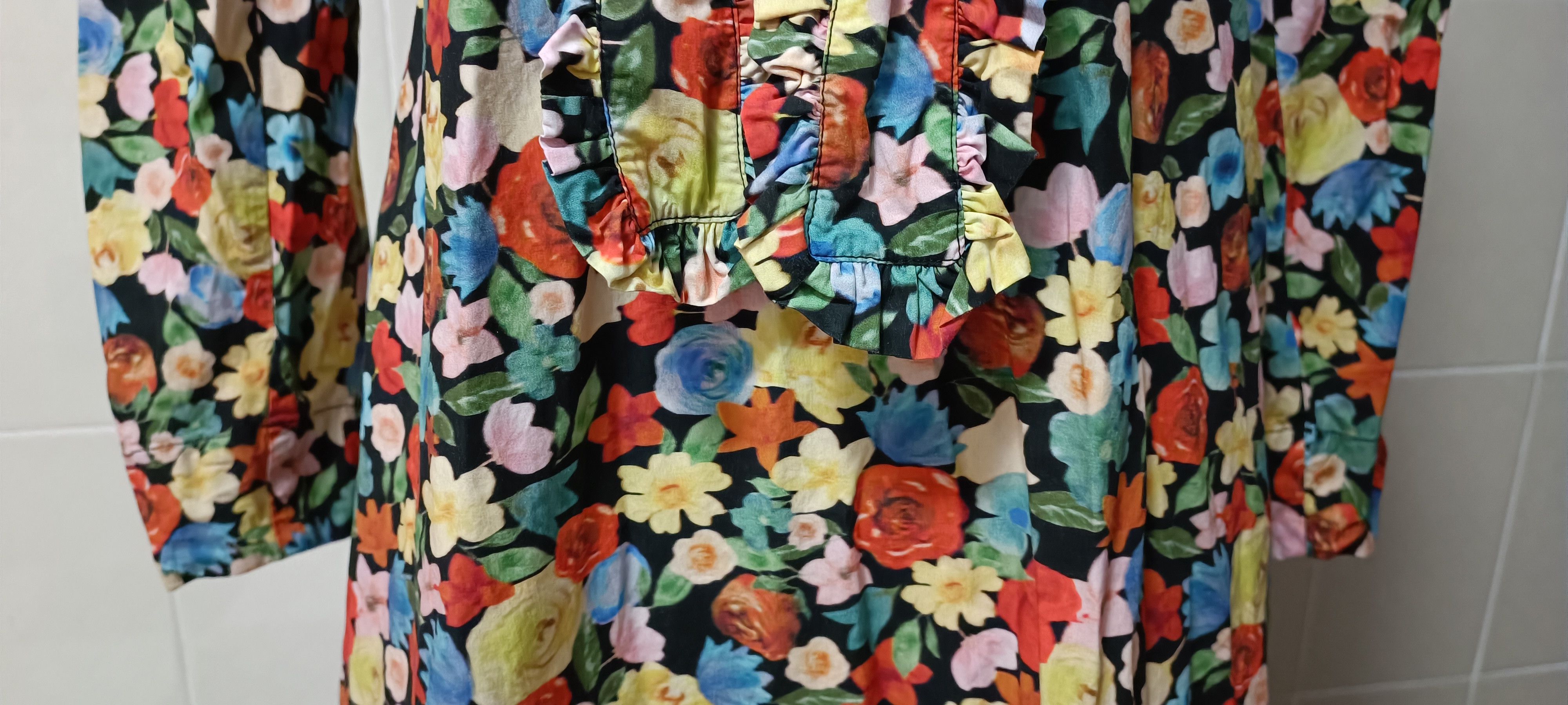 Ganni Tie-Neck Multicolor Floral - Print Cotton -Poplin Maxi Dress Size S / US 4 / IT 40 - 3 Thumbnail