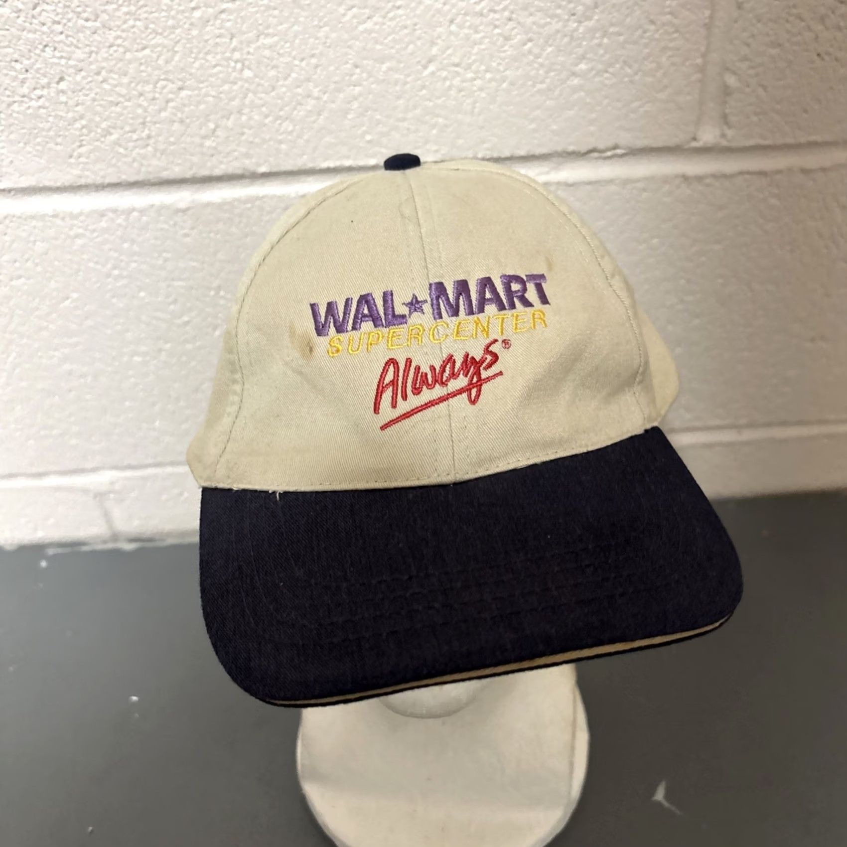 Walmart VINTAGE Walmart Supercenter Hat Cap Beige Blue Embroidered Advertising 90s Mens Size ONE SIZE - 3 Thumbnail