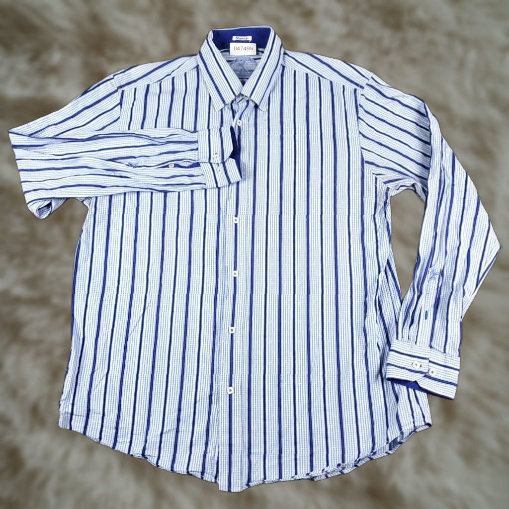 BUGATCHI Bugatchi Uomo Button-Up Shirt Men's XL Blue Striped Long Sleeve Regular Fit Size US XL / EU 56 / 4 - 1 Thumbnail