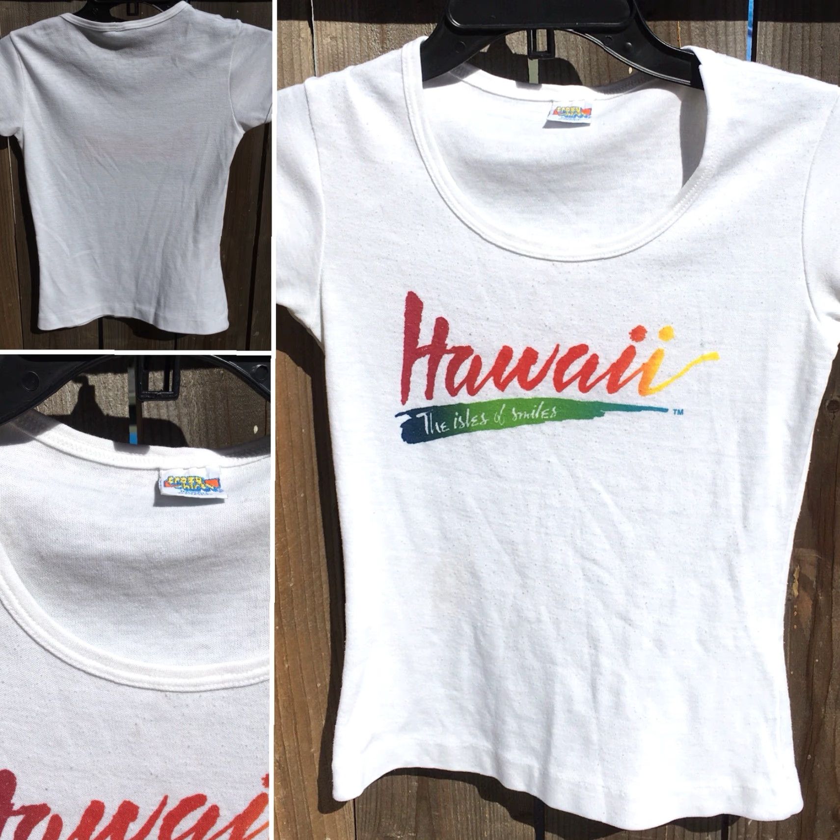 Vintage VINTAGE Crazy Shirts Hawaii The Isles Of Smiles T-Shirt 70s 80s Rainbow Letter S Shirt Womens Small White Cotton Blend Graphic Sportswear/Beach Size S / US 4 / IT 40 - 2 Thumbnail