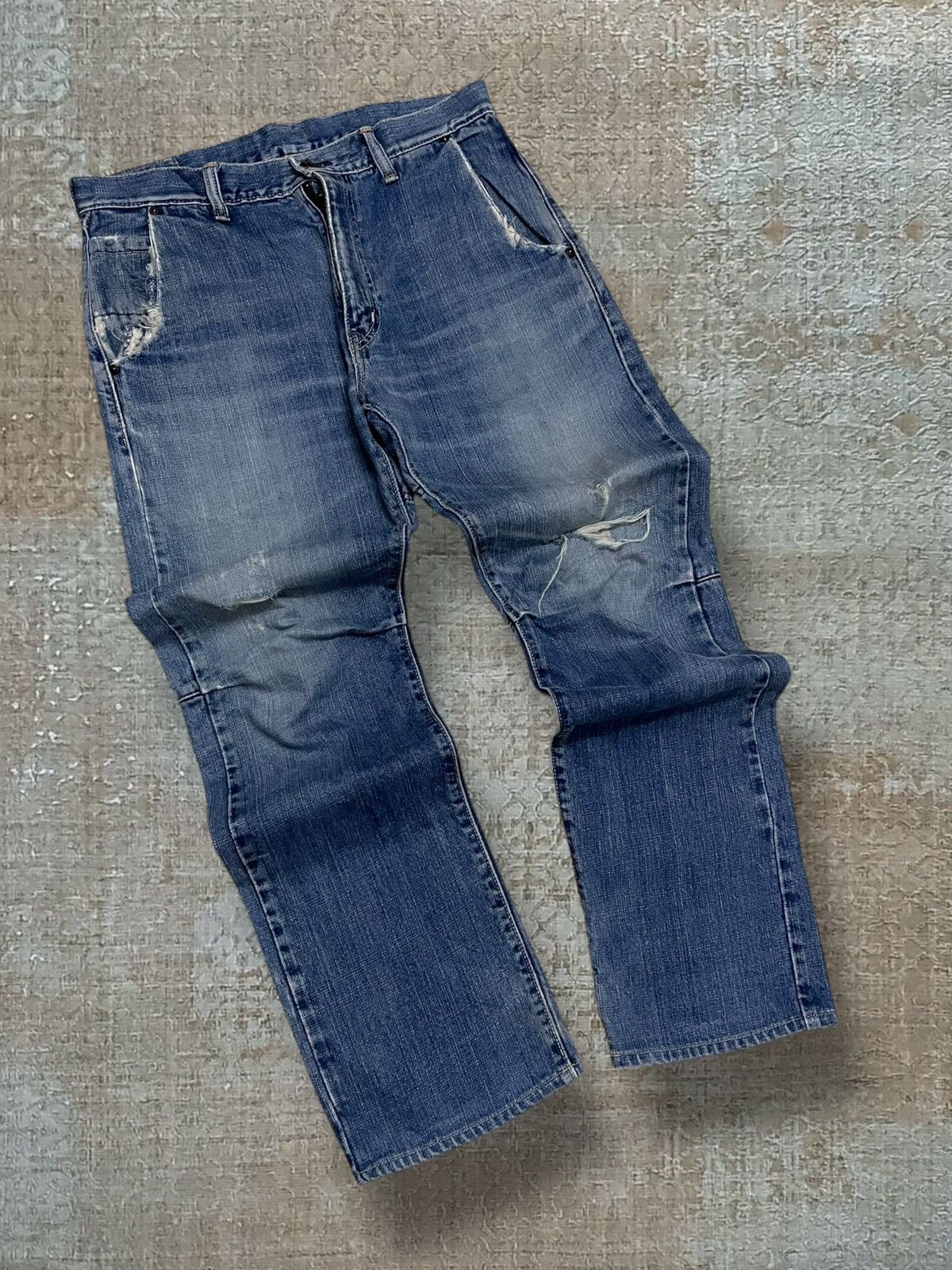 Japanese Brand Vintage 1990s Designer Jappan Studio Ecru Distressed Denim Size US 32 / EU 48 - 2 Thumbnail