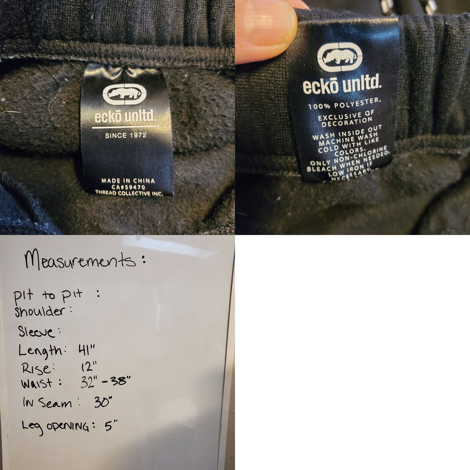 Ecko Unltd. VINTAGE Ecko Unltd Sweatpants Mens XL Regular Black White Solid Wrap Logo Pockets Drawstring Inseam 30" Size US 36 / EU 52 - 8 Thumbnail