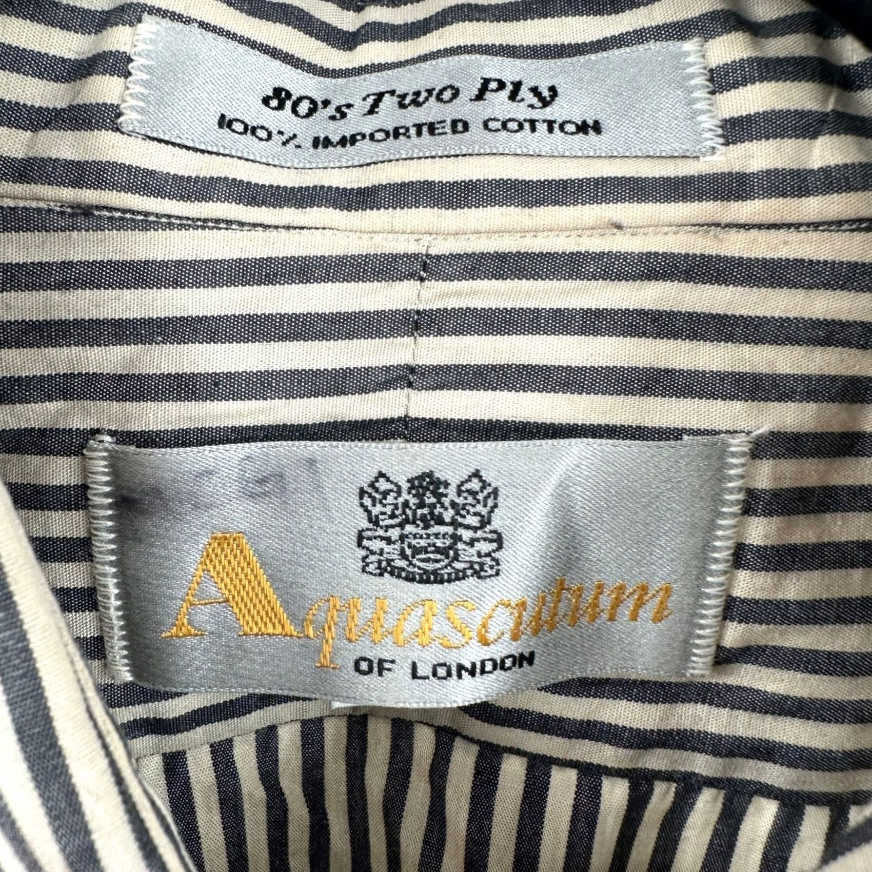 Aquascutum Aquascutum of London Womens Blouse Plus 14W Two Ply Cotton Striped Button-Front Navy Tan French Cuff 80s Size XL / US 12-14 / IT 48-50 - 3 Thumbnail
