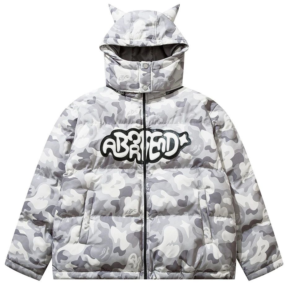 image of Vintage Y2K White Camo "abortend" Oversized Puffer Jacket, Men's (Size 2XL)