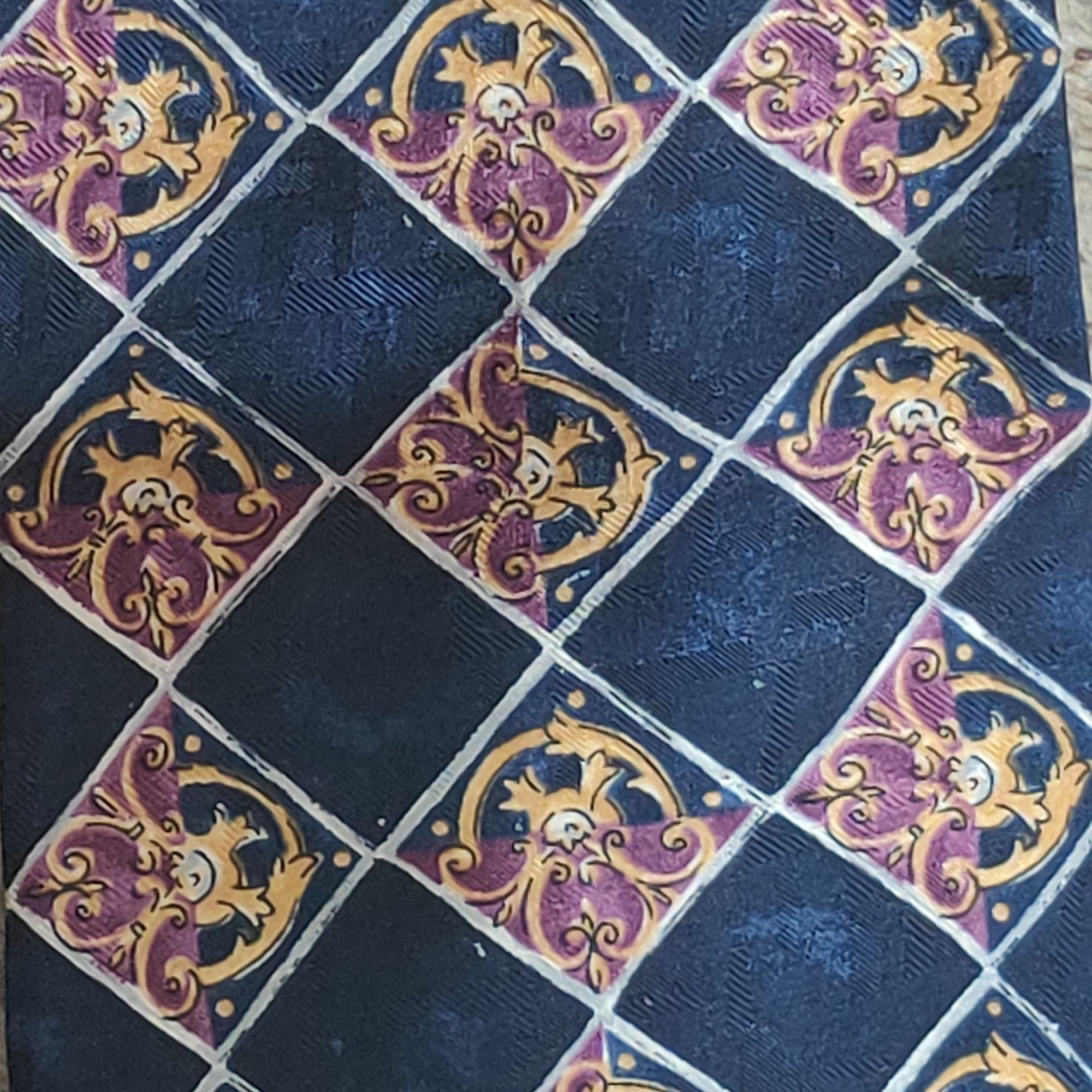 Vintage Barrington 100% Silk Tie Blue Purple Gold Diamond Scroll Vin Size ONE SIZE - 4 Thumbnail
